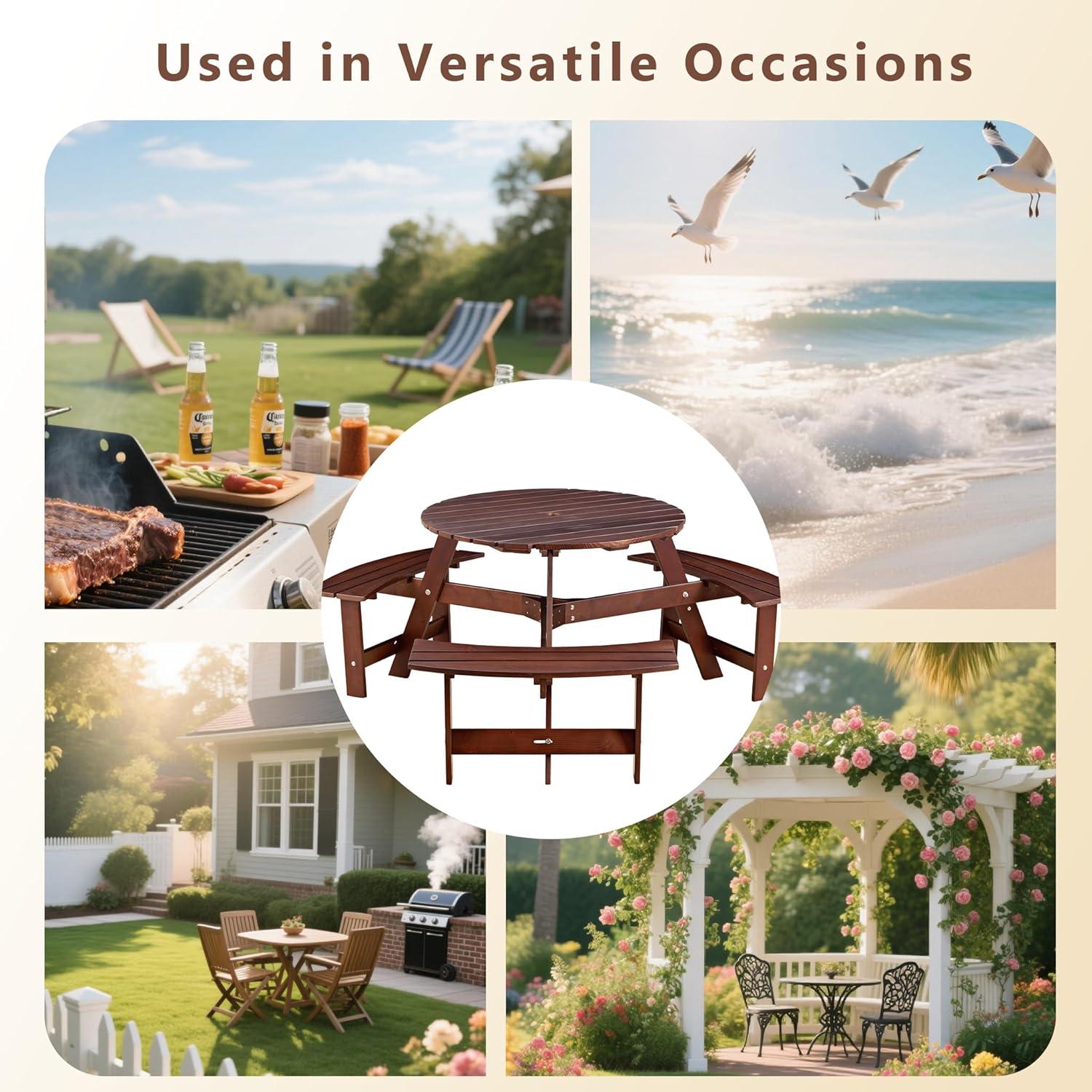 6 Person Wood Picnic Table, Outdoor Round Picnic Table with 3 Built-in Benches, Umbrella Hole, Outside Table and Bench Set for Patio, Backyard, 500lbs Capacity Per Bench (Brown)