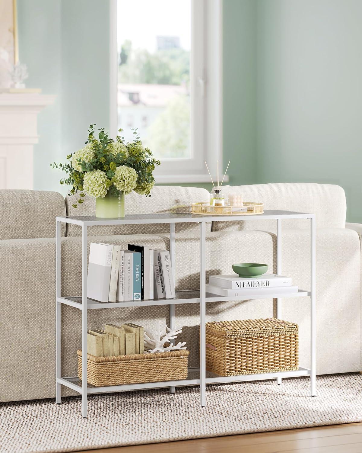 Pearl White and Slate Gray Metal Glass Console Table with Storage