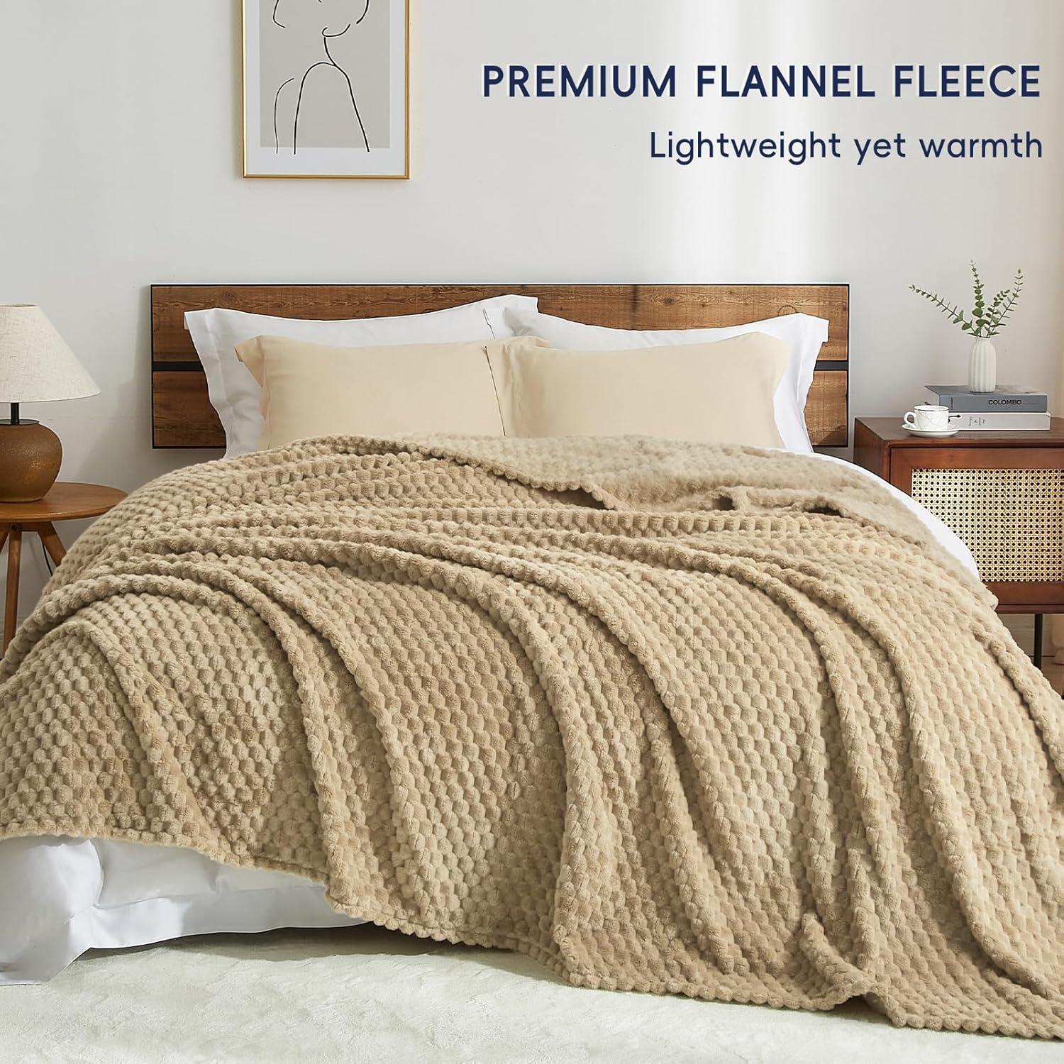 PHF Ultra Soft Flannel Fleece Blanket King Size, Lightweight 3D Jacquard Fleece Blanket, No Shedding, No Pilling, Luxury 340GSM Aesthetic Fluffy Cozy for Bed Room Decor, 108"x90", Camel/Light Khaki