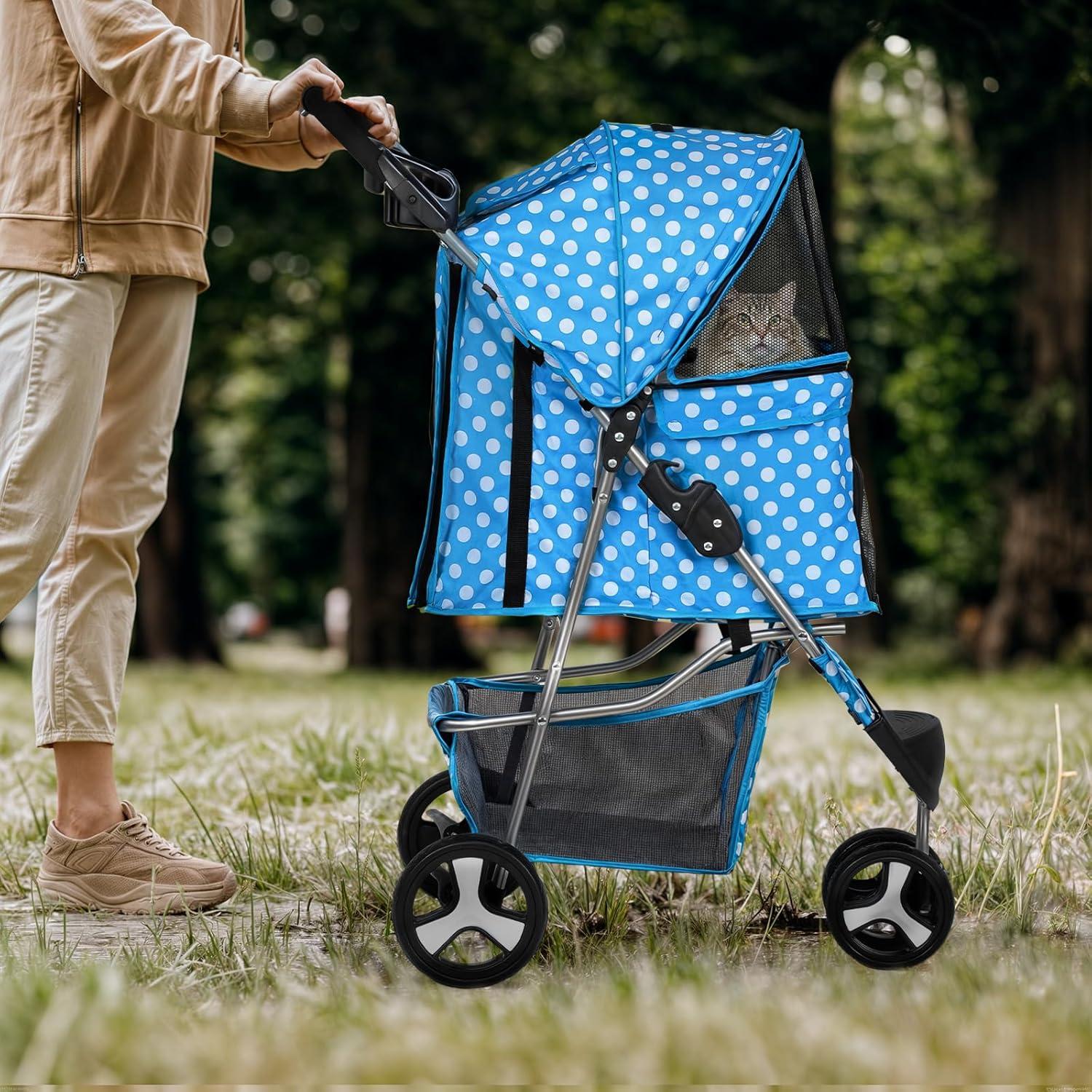 Magshion Foldable Pet Dog and Cat Stroller with Adjustable Canopy Storage Basket and Cup Holder for Small and Medium Pets