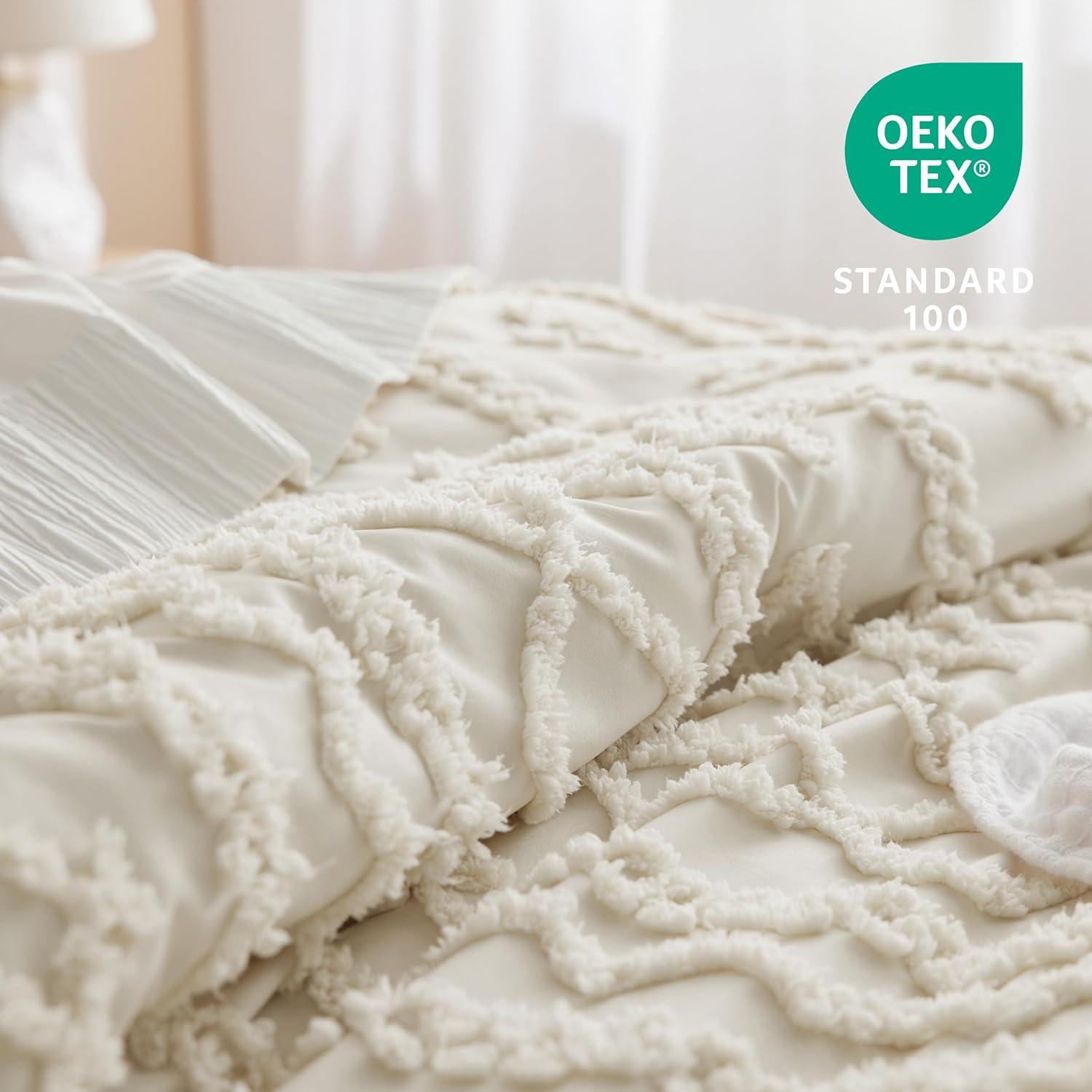 Bedsure Tufted Boho Comforter Set Twin Size - Beige Boho Bed Set, GentleSoft™ 2 Pieces Farmhouse Shabby Chic Embroidery Bedding, Gifts for Woman, Soft Jacquard Twin Comforter for All Seasons