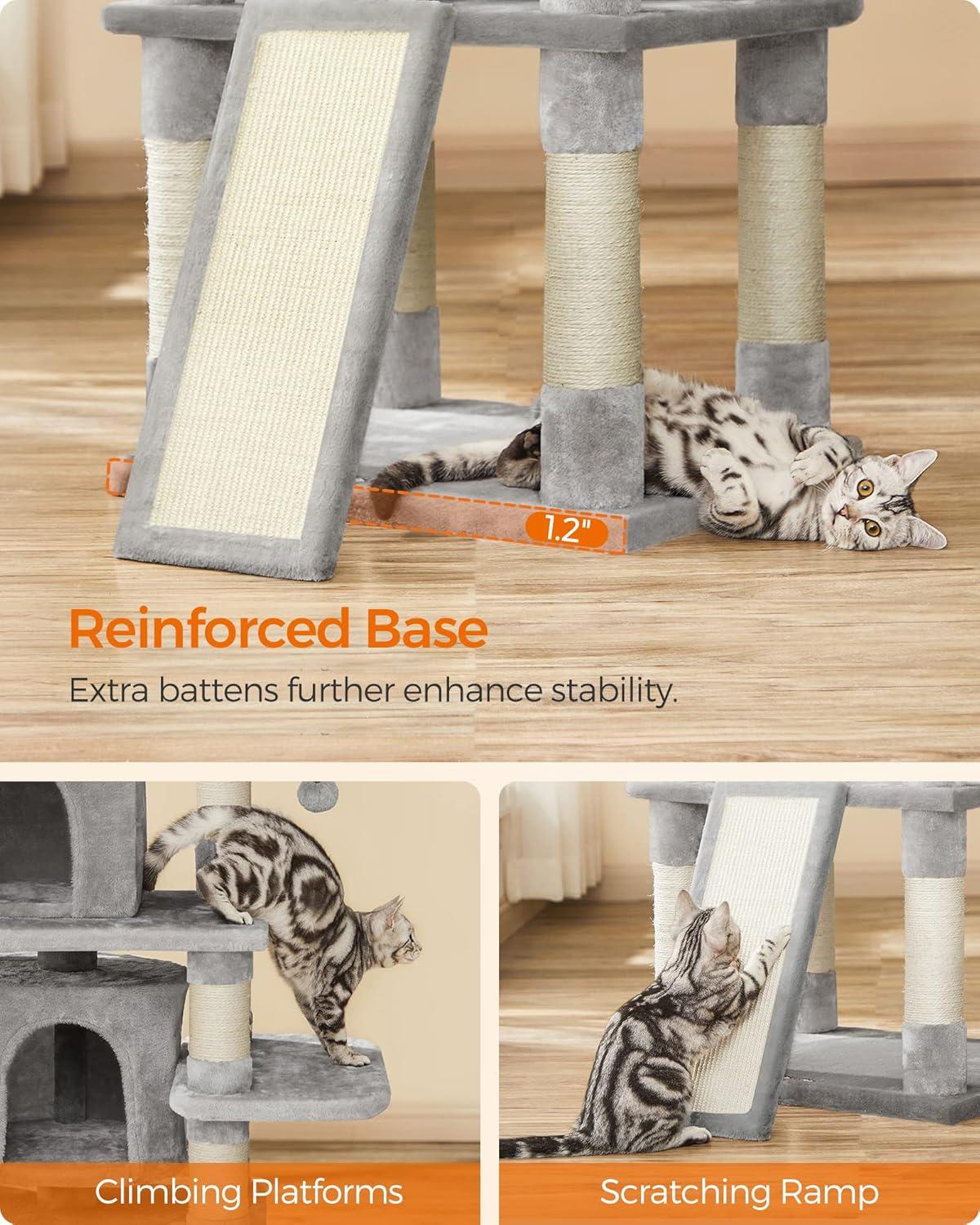 FEANDREA 67-Inch Multi-Level Cat Tree for Large Cats with Cozy Perches Stable Light Gray