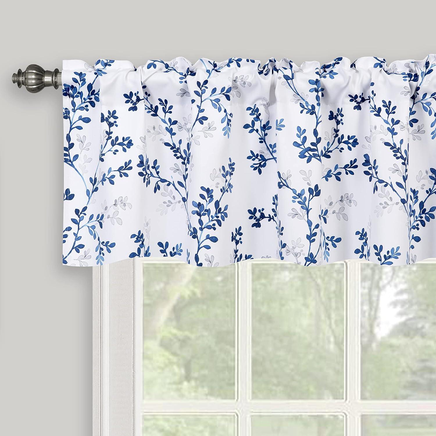 Watercolor Botanical Flowers Leaves Printed Valances for Windows, Rod Pocket Window Treatments Valances for Kitchen Cafe Living Bathroom 52 Inch by 18 Inch, Navy