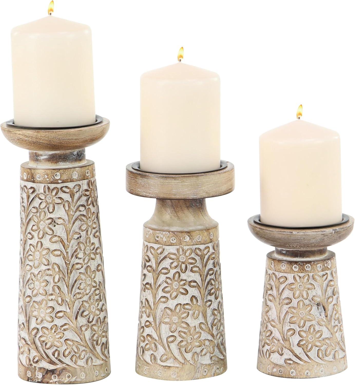 DecMode 3 Candle Brown Mango Wood Handmade Floral Carved Pillar Candle Holder with Cream Accents, Set of 3