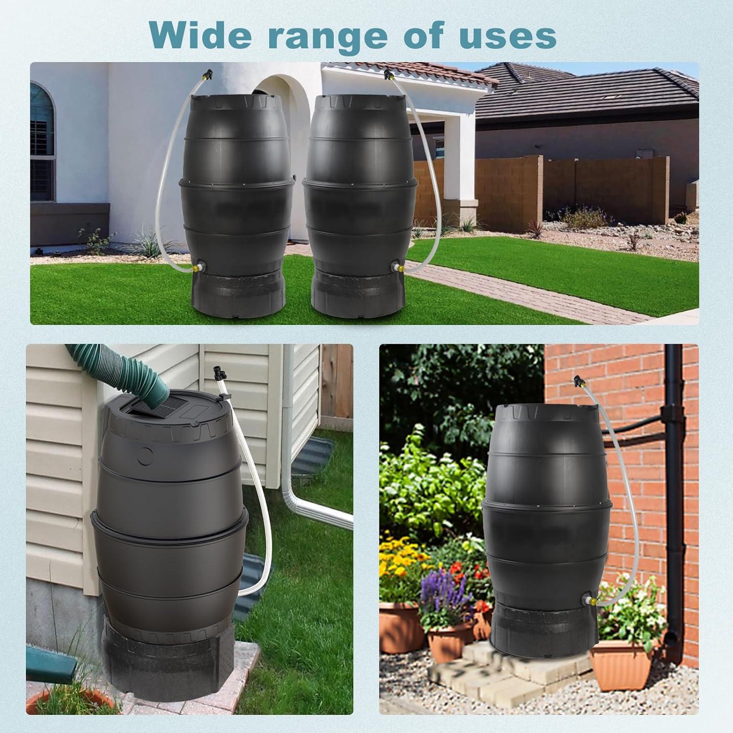 Black Cylindrical 50 Gallon Rainwater Collection Barrel with Stand