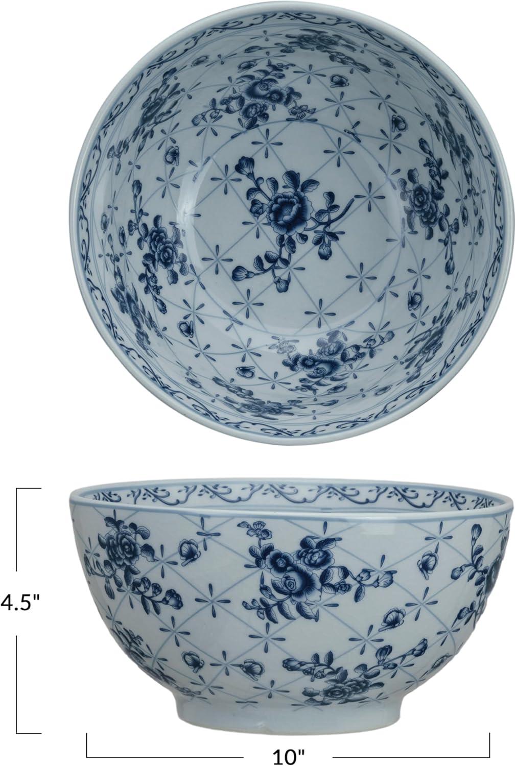 Creative Co-Op Floral Elegance Porcelain Bowl, Blue and White