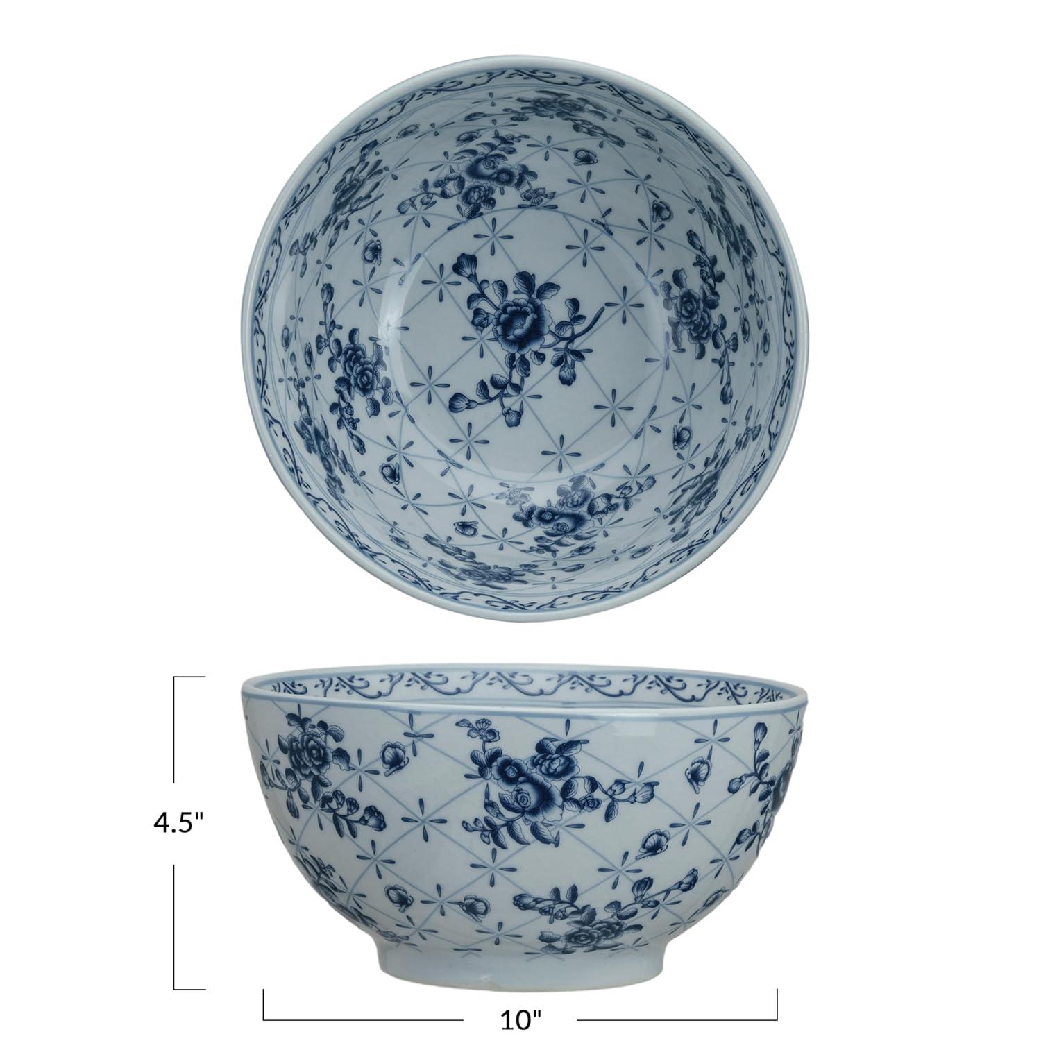 Creative Co-Op Floral Elegance Porcelain Bowl, Blue and White