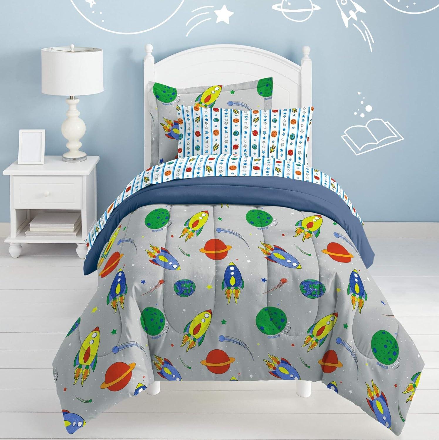 Gray Twin Microfiber Space Rocket Bed in a Bag Set