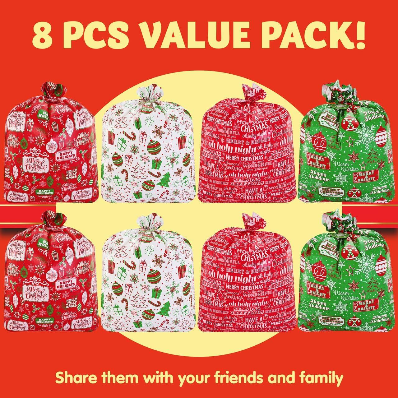 SYNCFUN 8Pcs Jumbo Christmas Giant Goody Gift Bags 44” X 36” with Gift Tags for Holiday Treats, Oversize Xmas Gifts