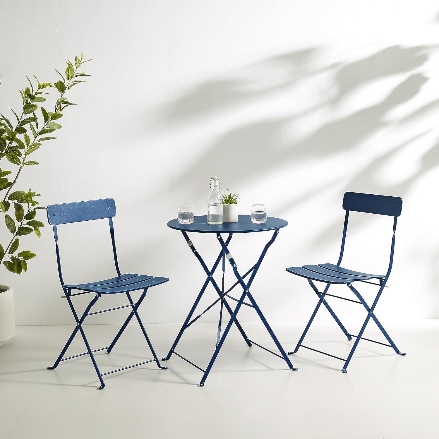 Navy Blue Steel 3-Piece Folding Bistro Set