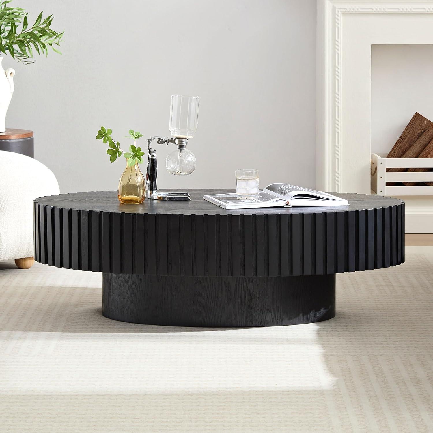 43.7'' Oval Wood Coffee Table,Modern Handcraft Drum Coffee Table for Living Room, Small Center Table with Sturdy Pedestal (Black, L43.7 x W24.8 x H13.38)