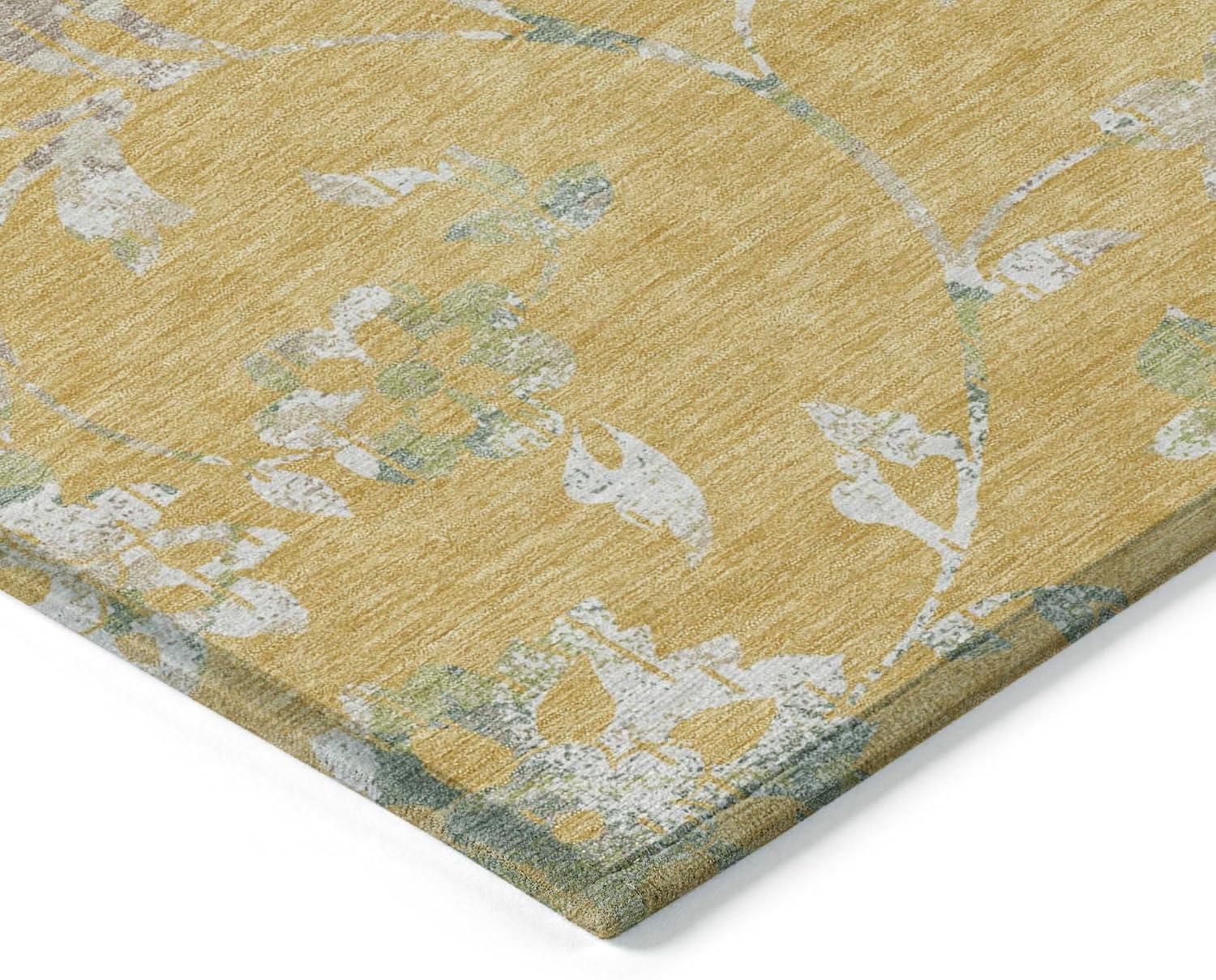 Gold Floral Synthetic Rectangular Indoor/Outdoor Rug