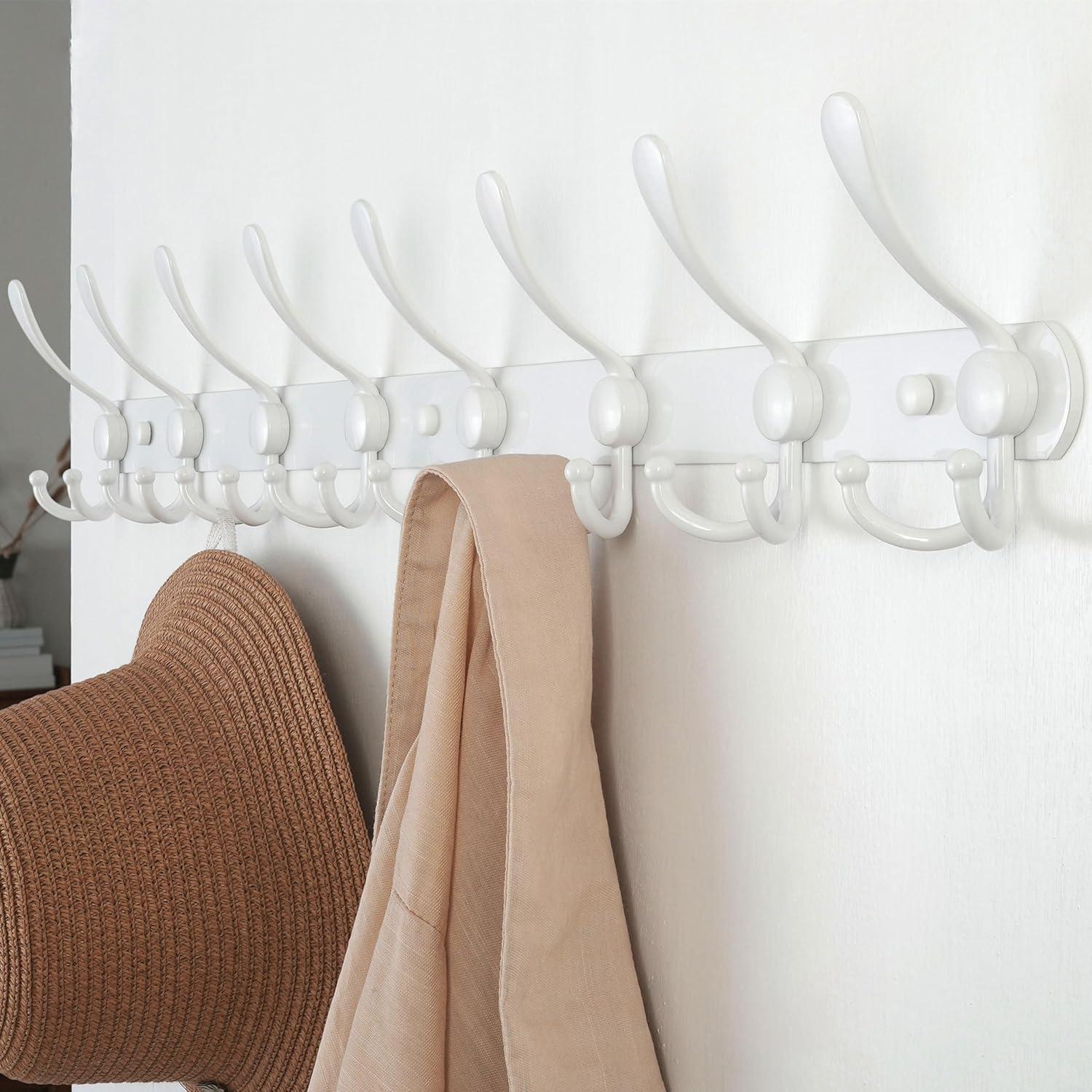 Dseap Coat Rack Wall Mounted-8 Tri Hooks,Stainless Steel Heavy Duty Metal Coat Hook Rail for Hats Clothing Entryway,White 2 Pack