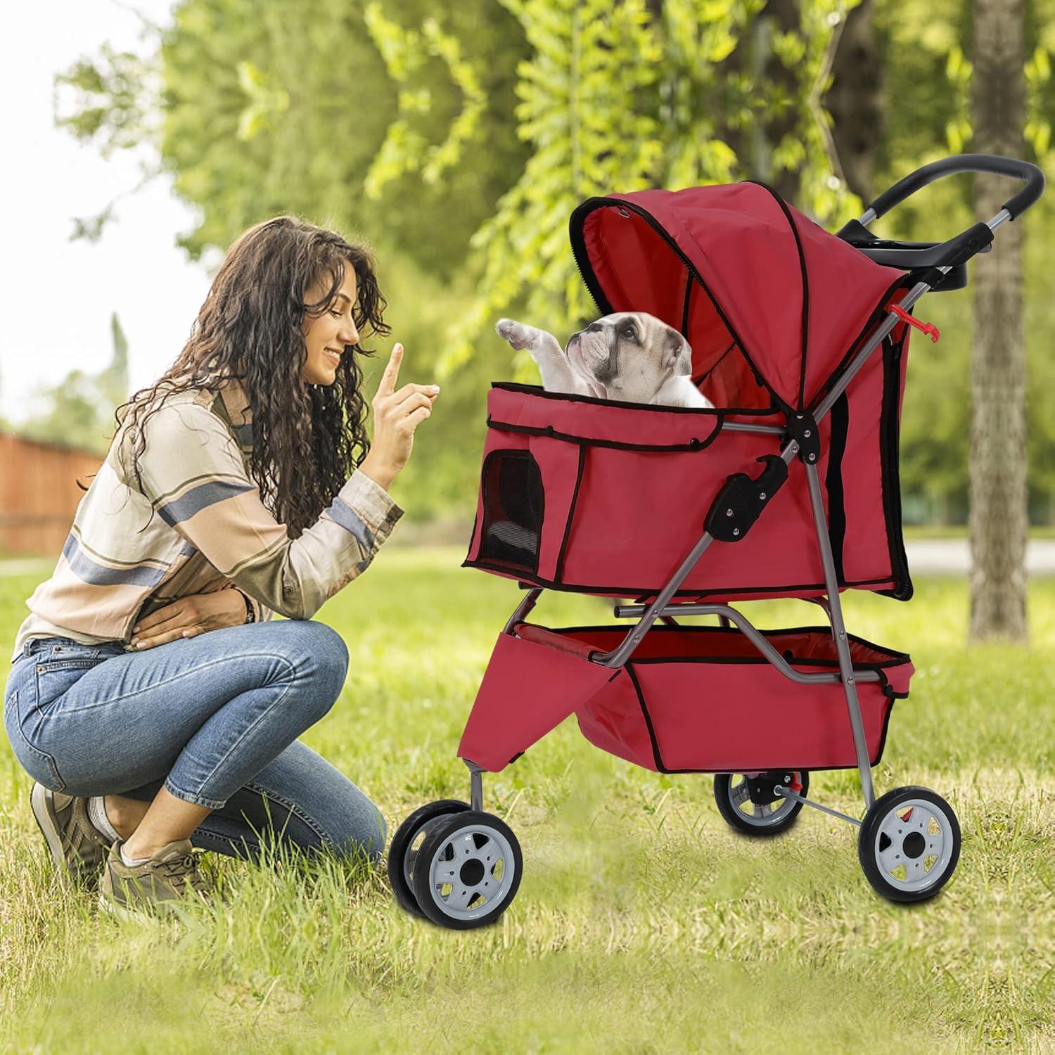 Pet Stroller Foldable Dog Stroller 3-Wheel Durable Cat Jogger Stroller For Small And Medium Dogs Cats With Washable Liner Storage Basket Cup Holder