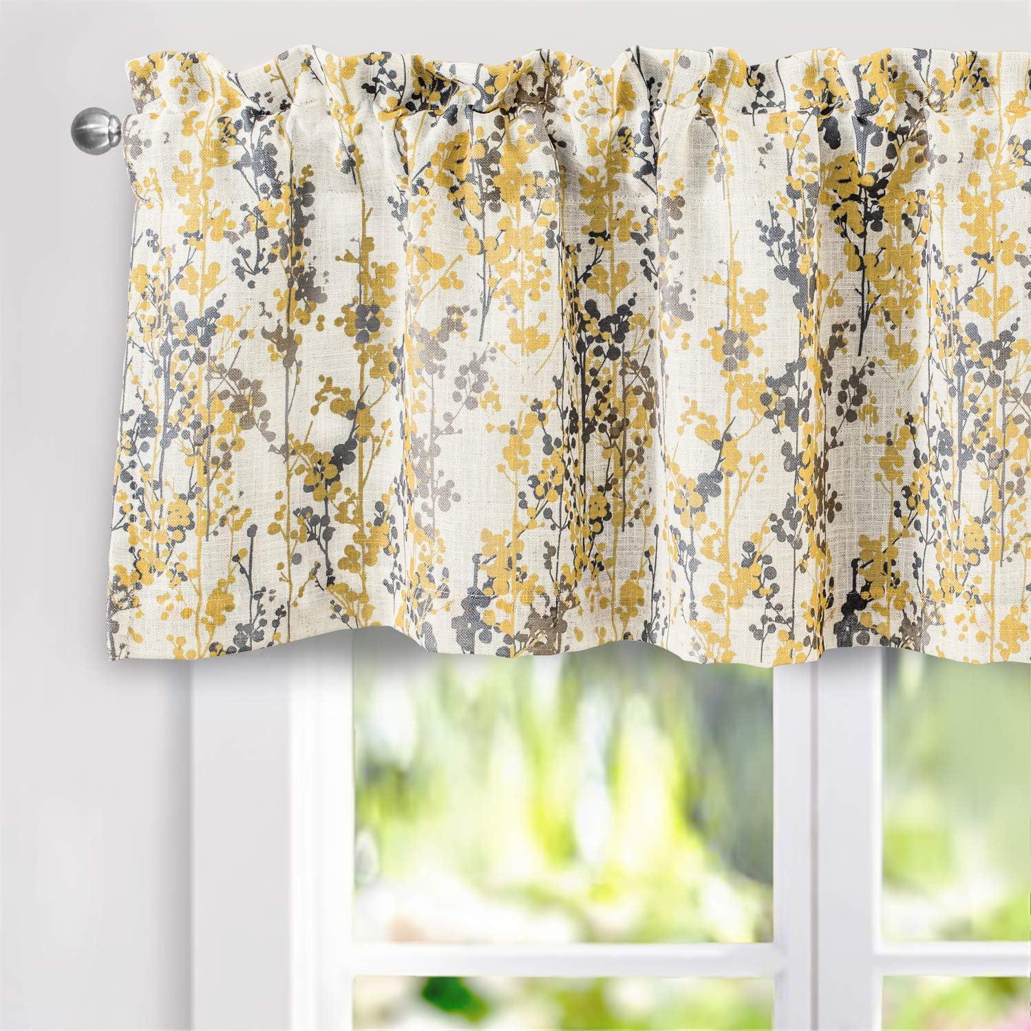 Golden Yellow and Gray Floral Linen Blend Blackout Valance