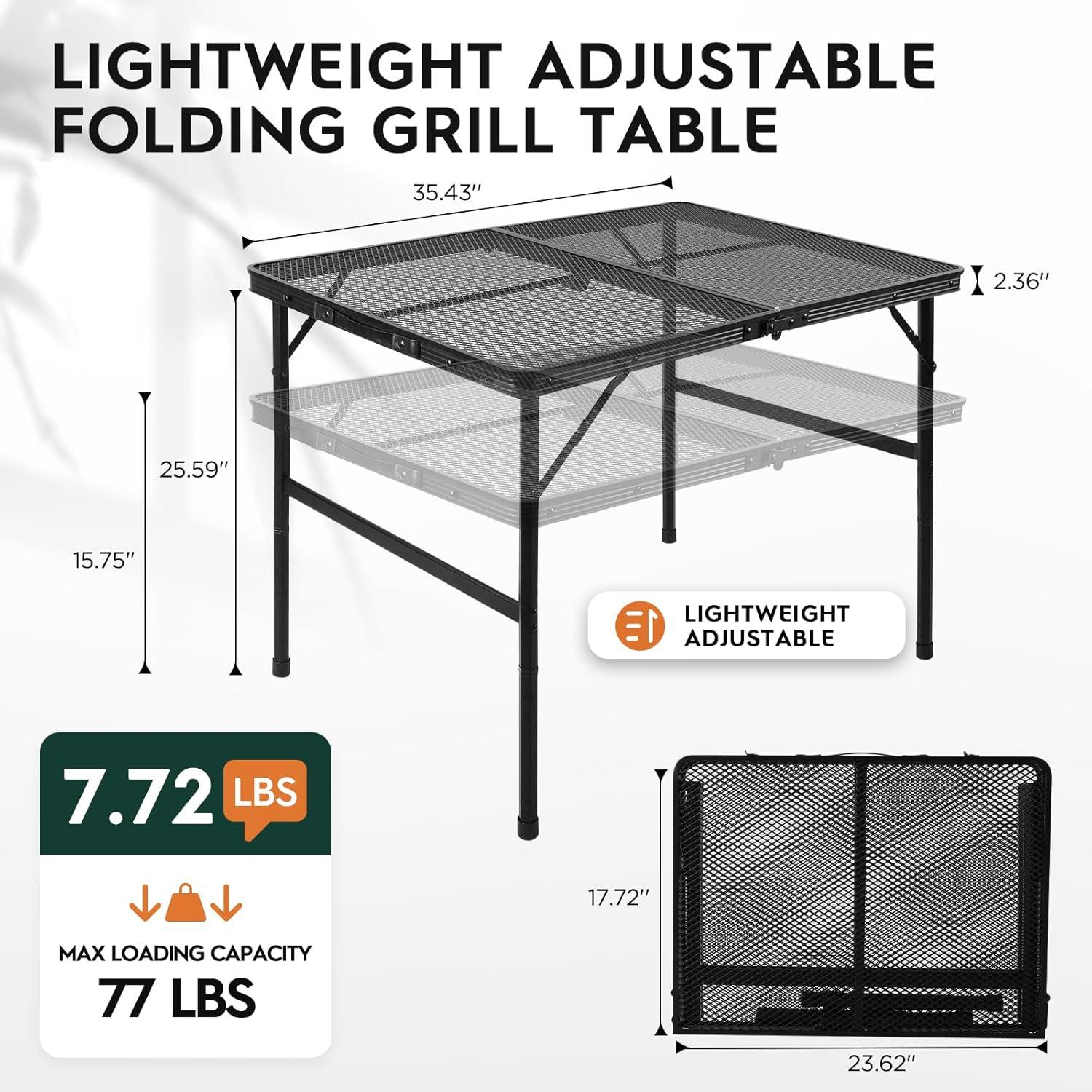 Black Adjustable Height Folding Grill Table with Metal Mesh