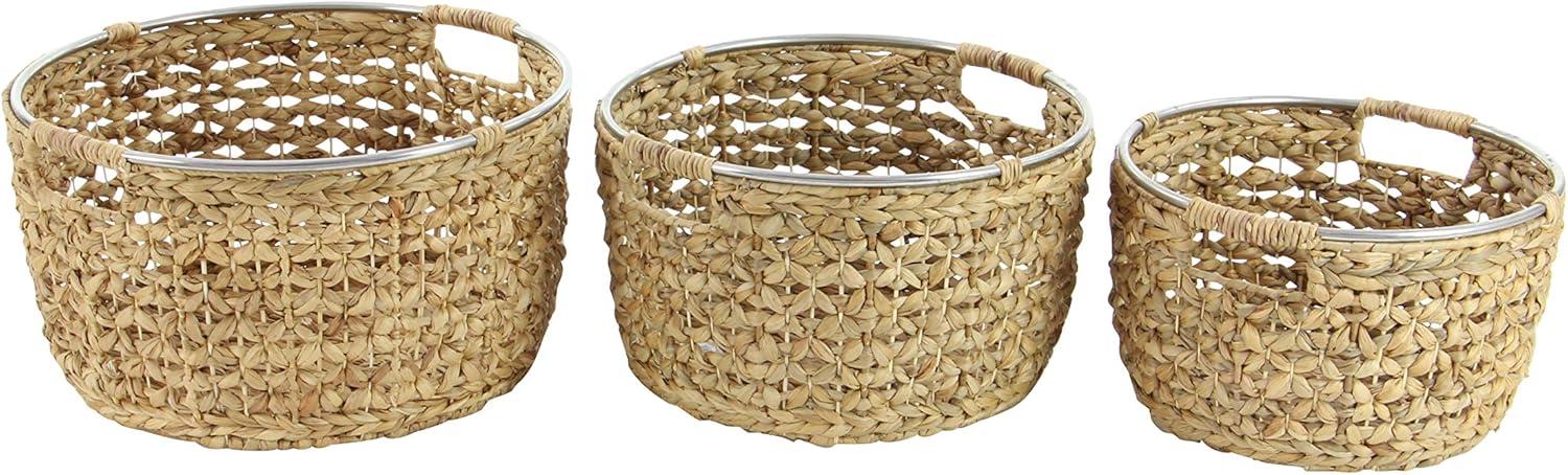 Polished Seagrass Round Storage Basket with Metal Handles