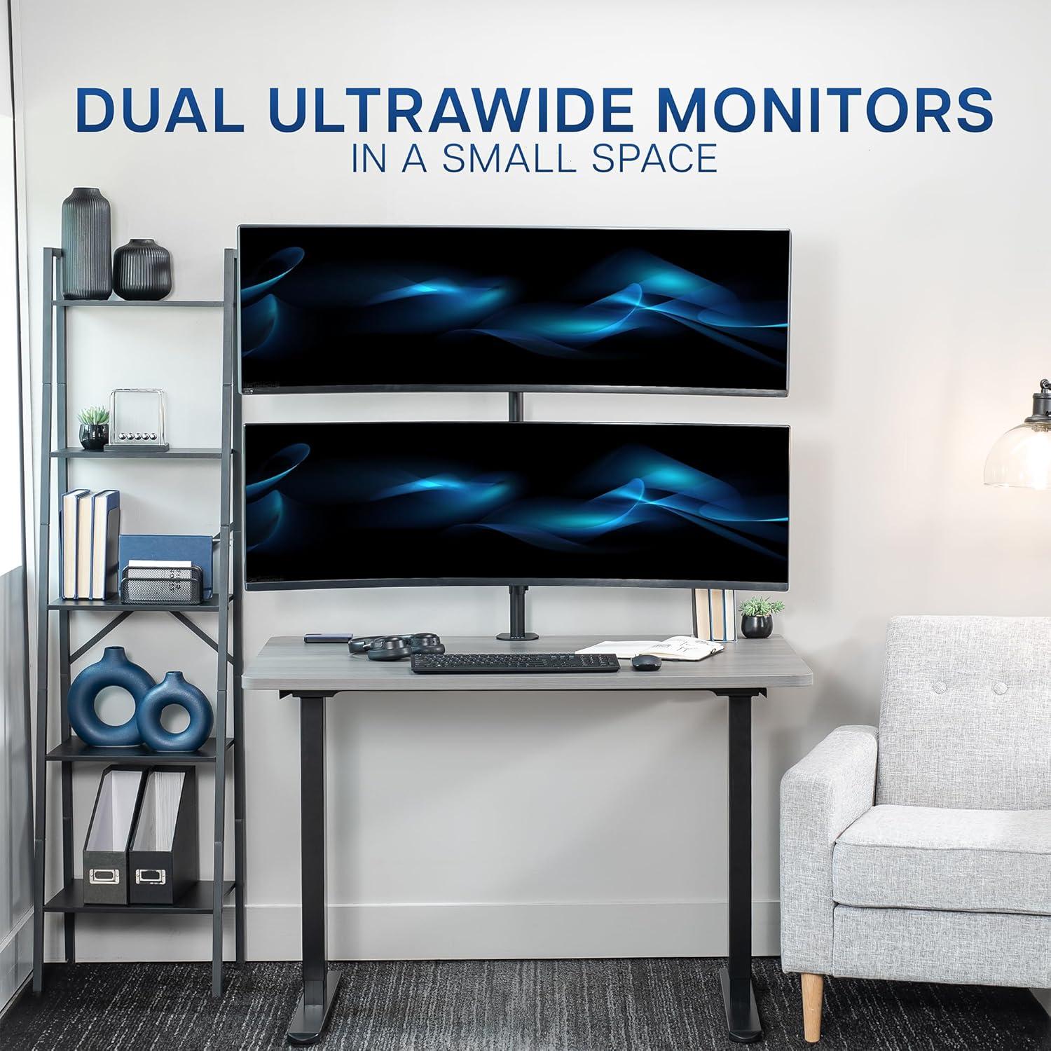 Dual Vertically Stacked Black Steel Monitor Desk Mount for 49" Ultrawide Screens