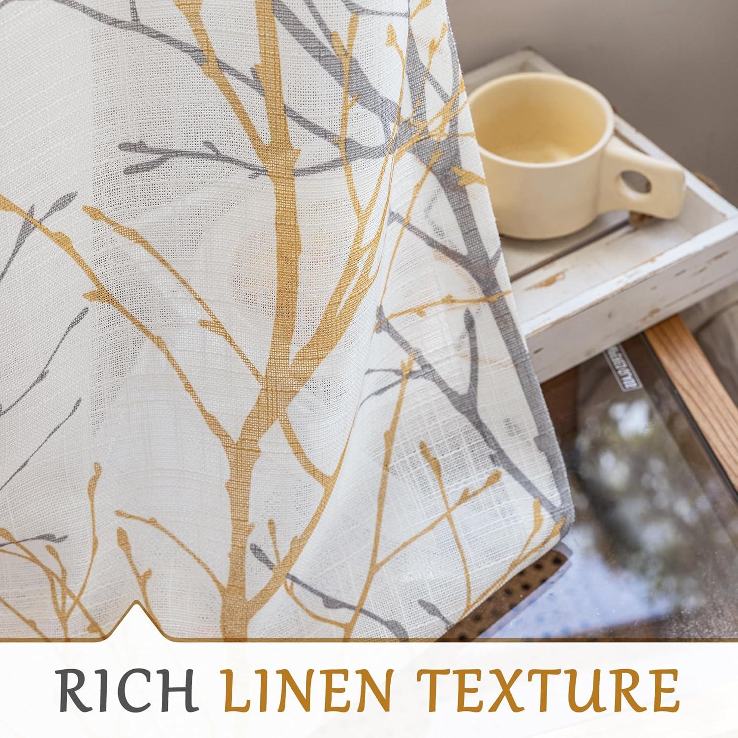 FMFUNCTEX Linen Semi Sheer Curtains for Bedroom, Yellow White Curtains 63 Inches Long for Living Room, Grey Tree Branch Print Curtain Light Filtering Farmhouse Window Drapes, Grommet Top 2 Panels