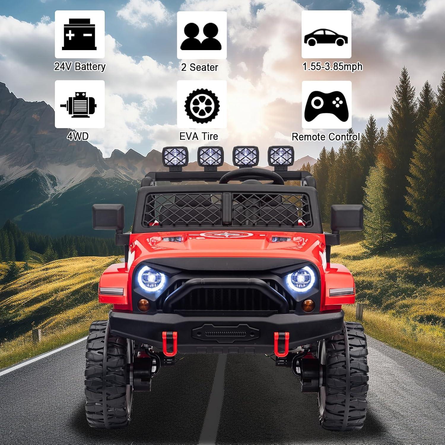 FINITO 24V Kids Ride On Car 2-Seater Jeep 4WD Electric Toy Car 4 Wheels Battery Powered Truck with Remote Control Bluetooth Music Player Gift for Boys Girls Age 3+, Red