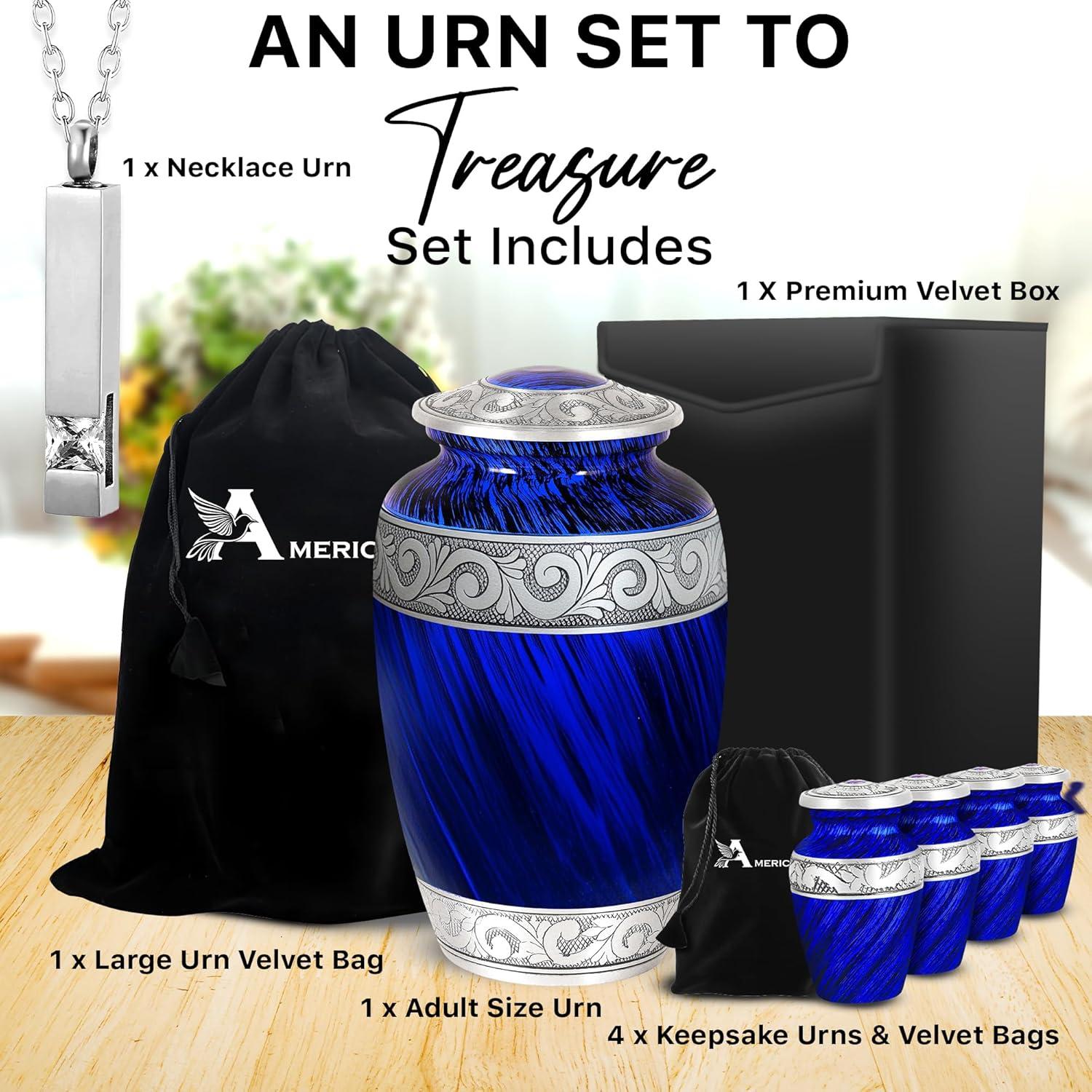 AmericUrn Set of 6 Urn for Ashes Adult Male with 1 Large Blue Urn 4 Small Keepsakes & 1 NecklaceUrn