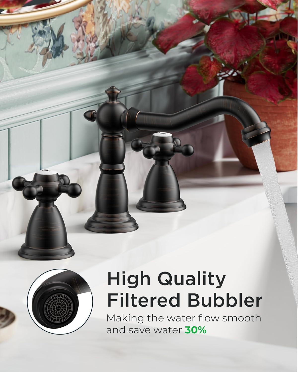 FORIOUS Vintage 3 Hole Bathroom Faucets Oil Rubbed Bronze, 2 Handle 8 Inch Widespread Antique Faucet for Bathroom Vanity RV Farmhosue Sink with Metal Pop Up Drain and Supply Lines