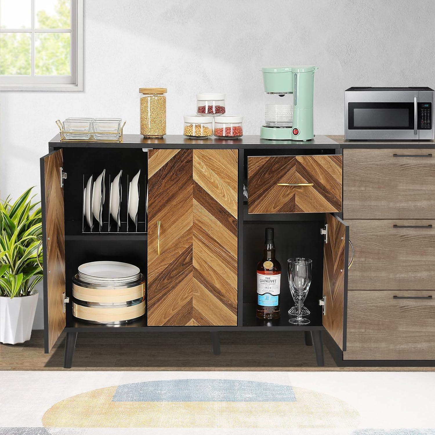 Accent Cabinet, Black Storage Cabinet with Doors Mid Century Modern Sideboard Buffet Cabinet with Storage Shelves Small Wood Accent Cabinets for Living Room Entryway Office, Brown Herringbone