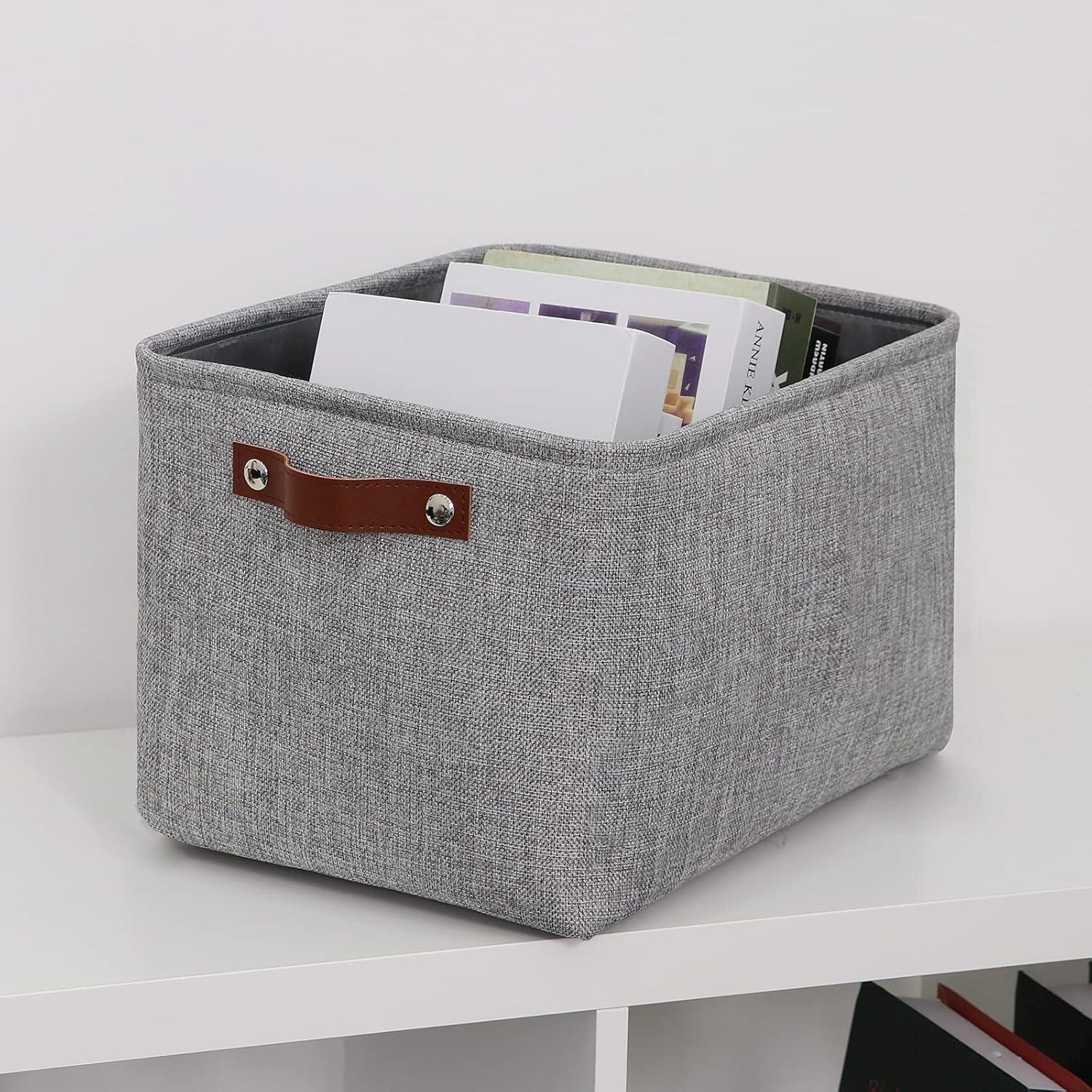 White and Gray Rectangular Fabric Storage Baskets with Faux Leather Handles, Set of 3