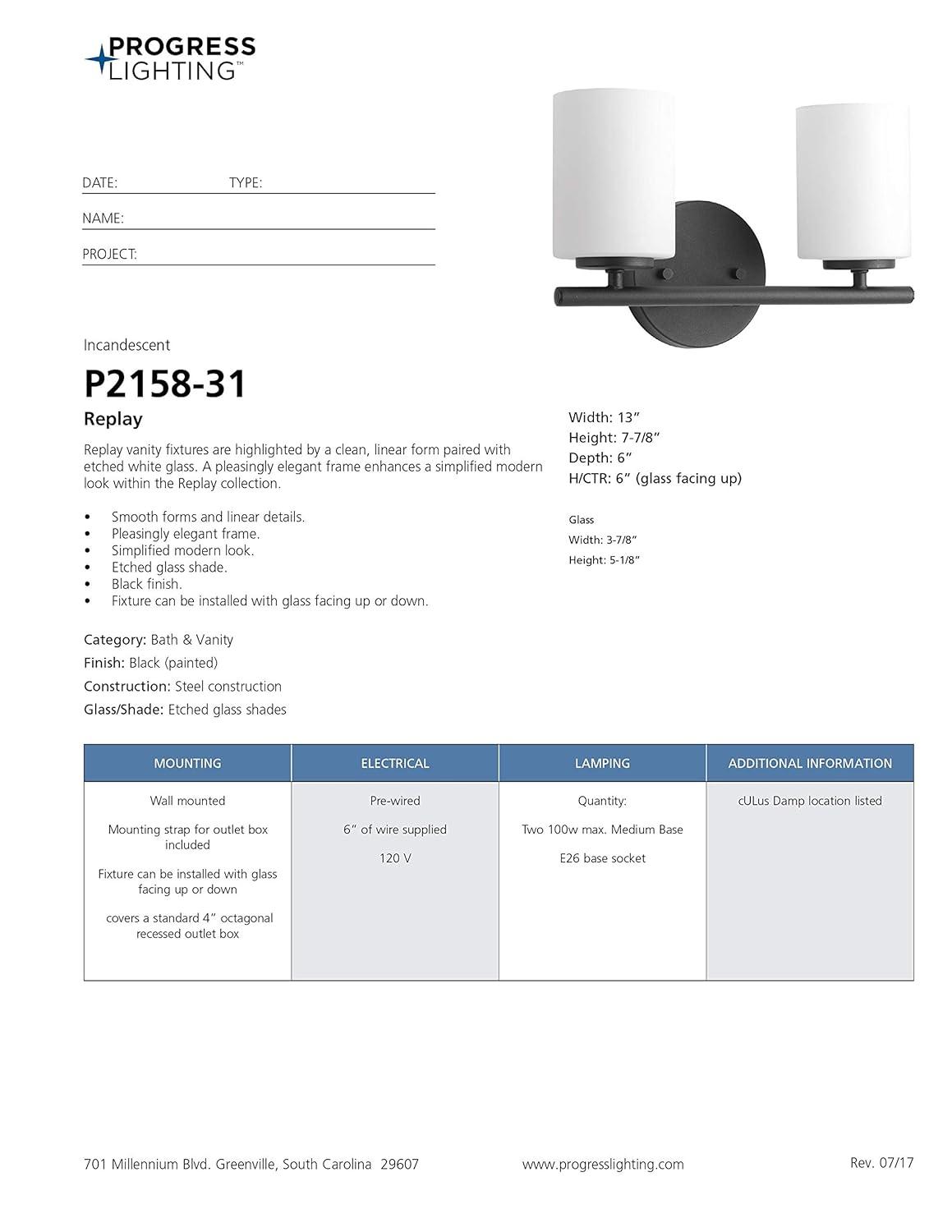 Progress Lighting Replay 2-Light Bath Vanity, Porcelain, Textured Black, Shade Included