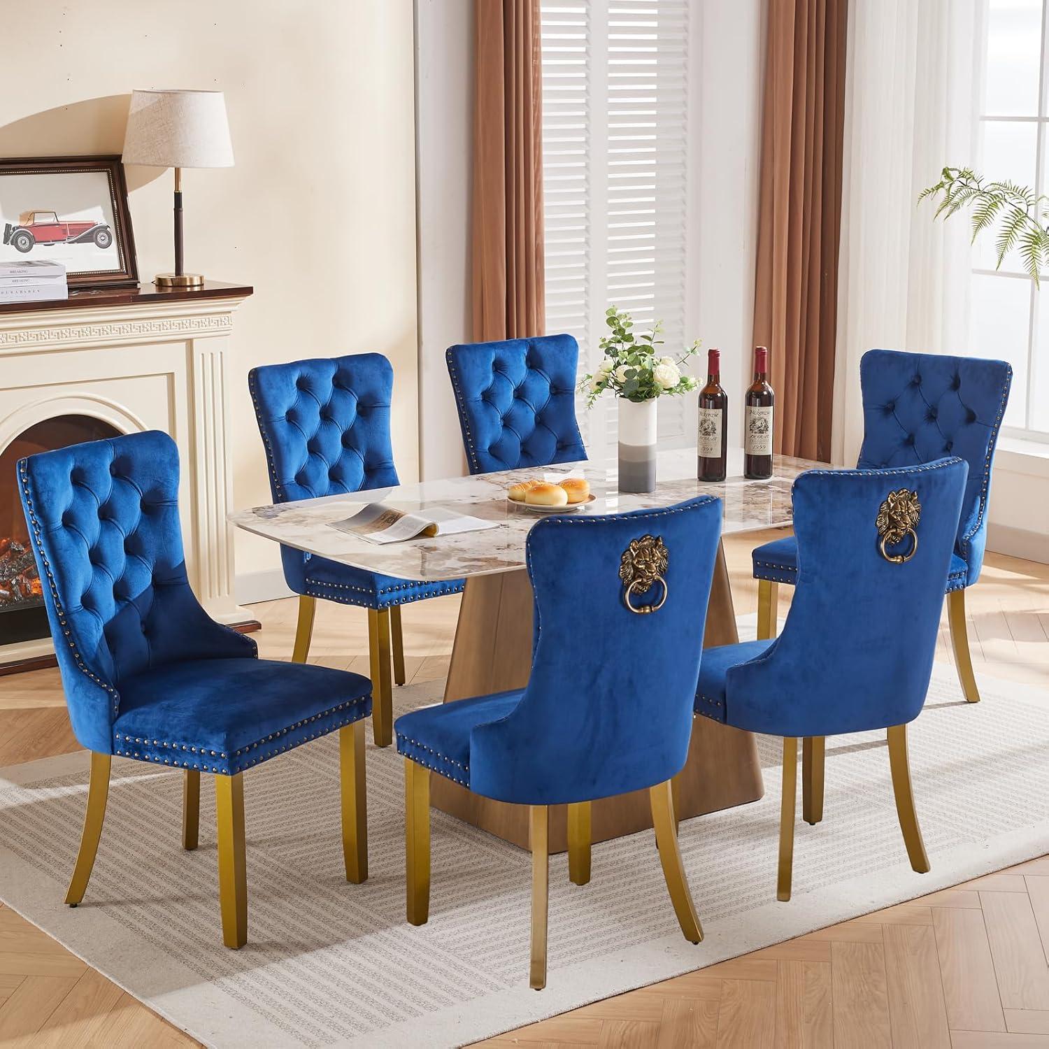 Deep Blue Velvet Upholstered Dining Chairs with Gold Legs, Set of 6