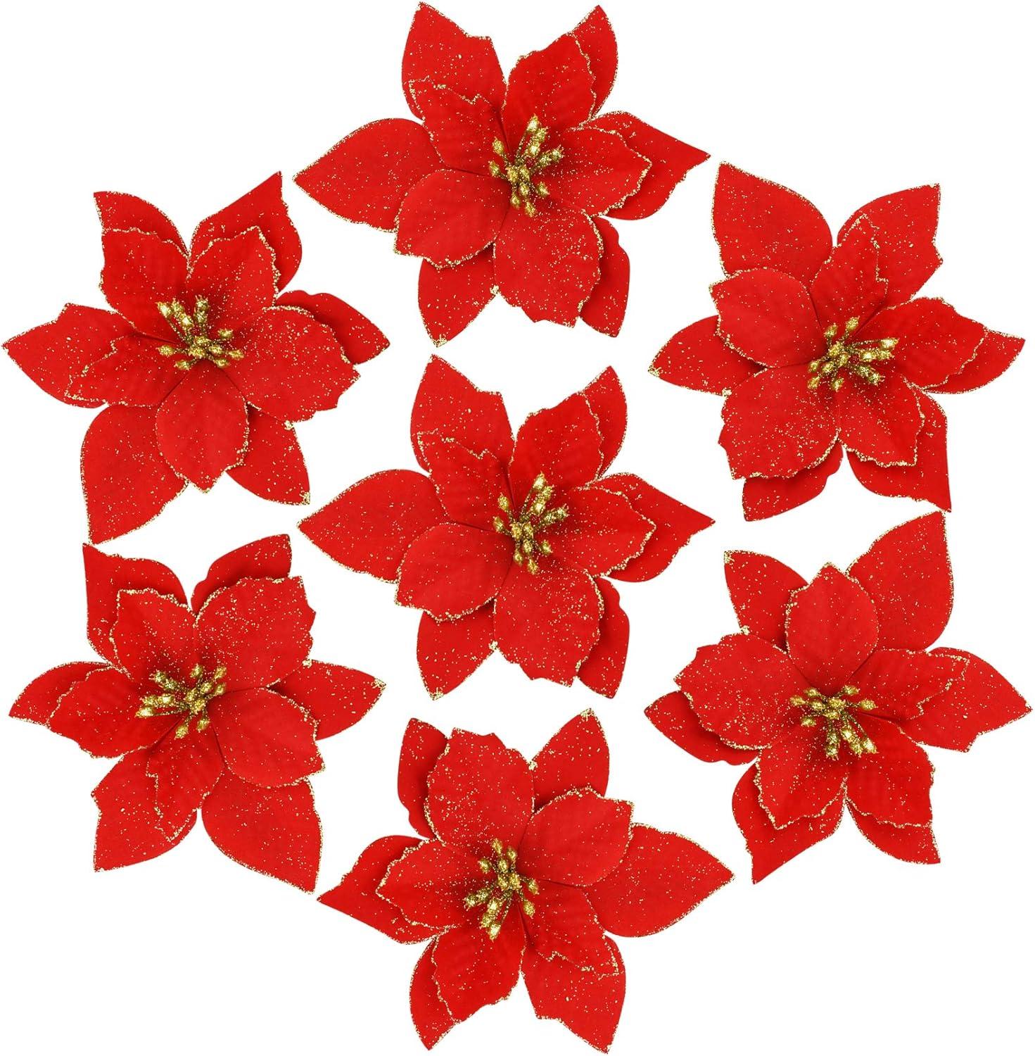 36pcs Glitter Poinsettia Christmas Tree Ornament, Artificial Poinsettia Flowers Decorative Artificial Flowers