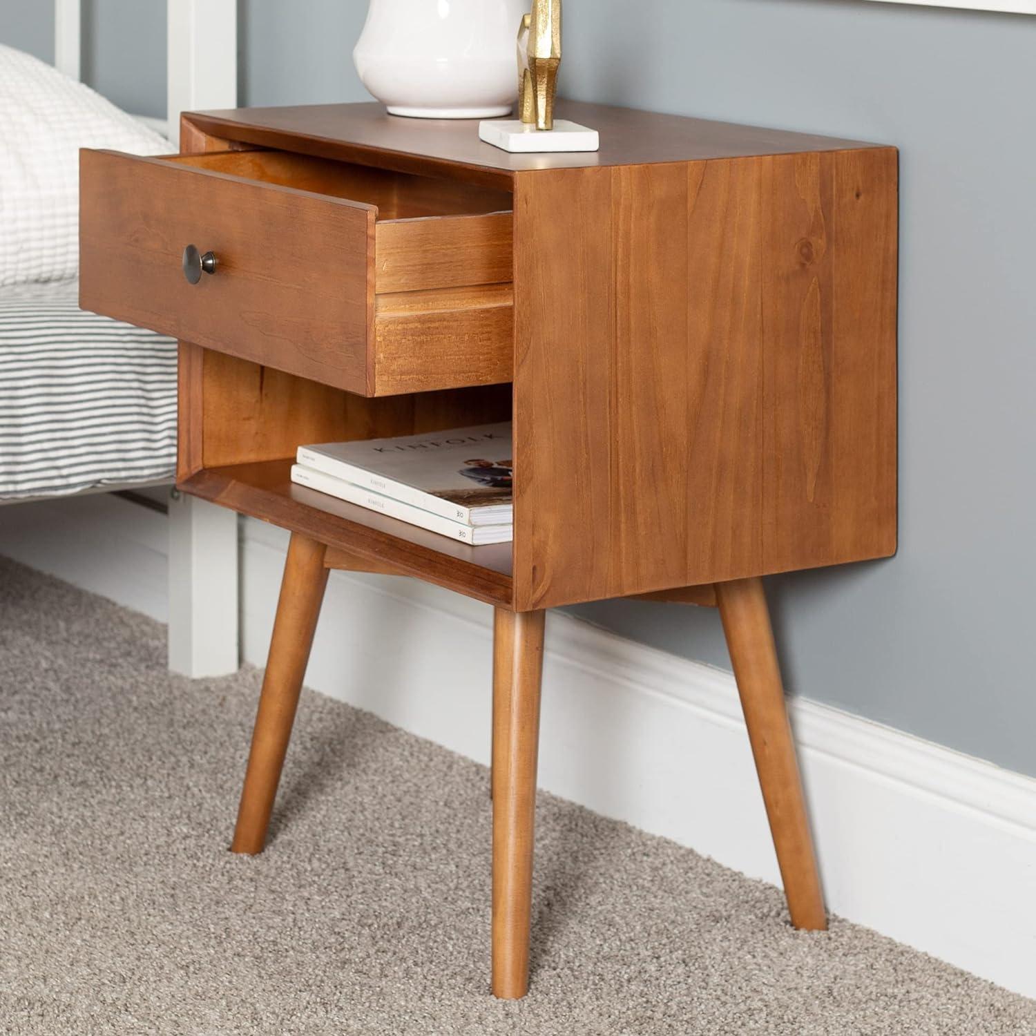 Mid-Century Caramel Solid Pine Nightstand with Antique Metal Hardware