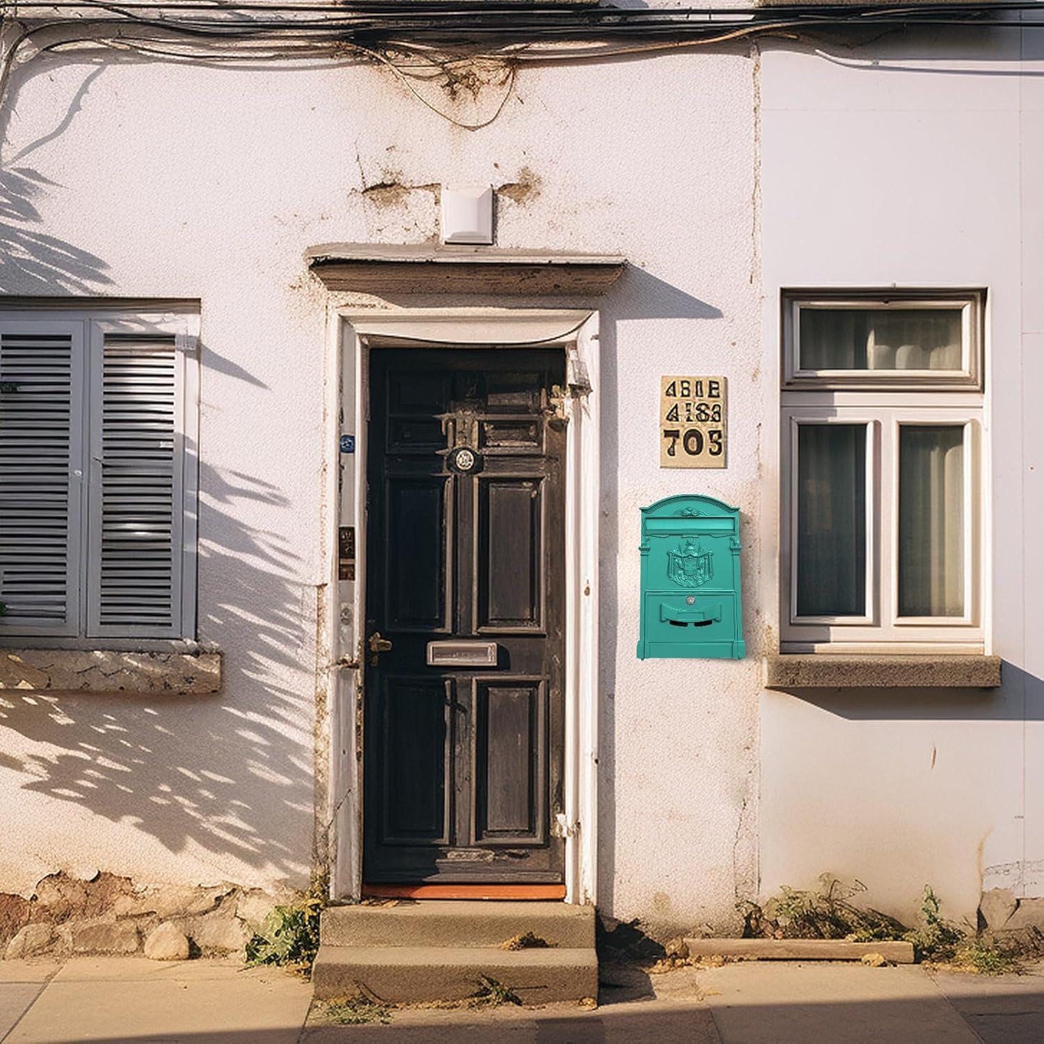 Wall Mount Mailboxes, Rust Resistant Locking Wall Mailbox for Outside, Galvanized Steel and Aluminum Stamping Process, Vintage Mailbox with Key Lock Large Capacity Outdoor Decoration, Black