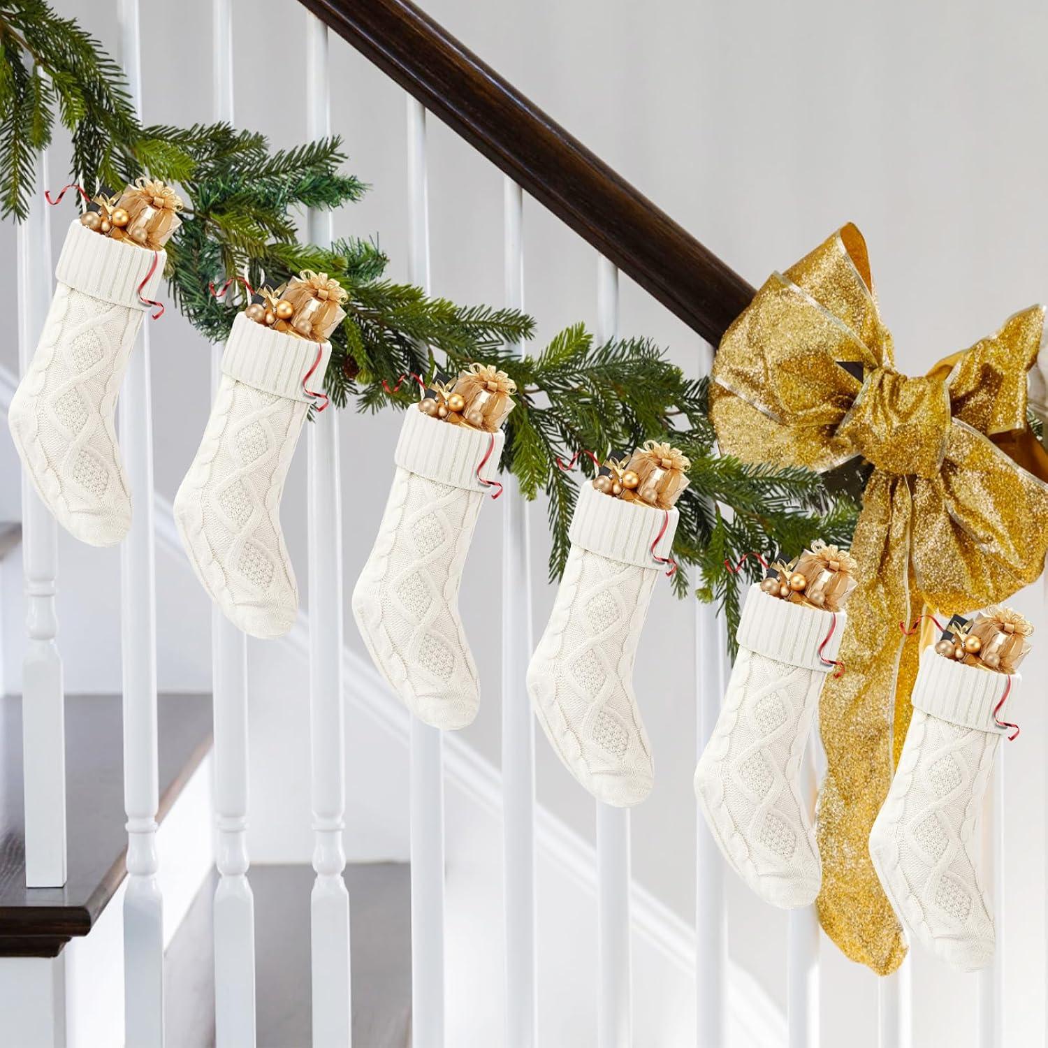 Pack 6, 18" Ivory Cable Knitted Christmas Stockings for Family Holiday Xmas Party Decor