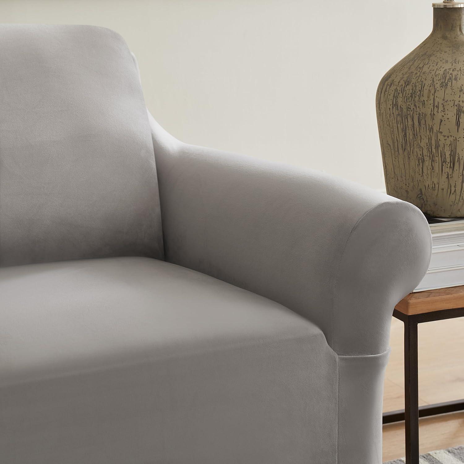 Sure Fit Hampstead Stretch Velvet Extra Large Sofa Machine Washable Couch Cover Light Gray: Pet Friendly, Indoor Use, Microfiber & Spandex