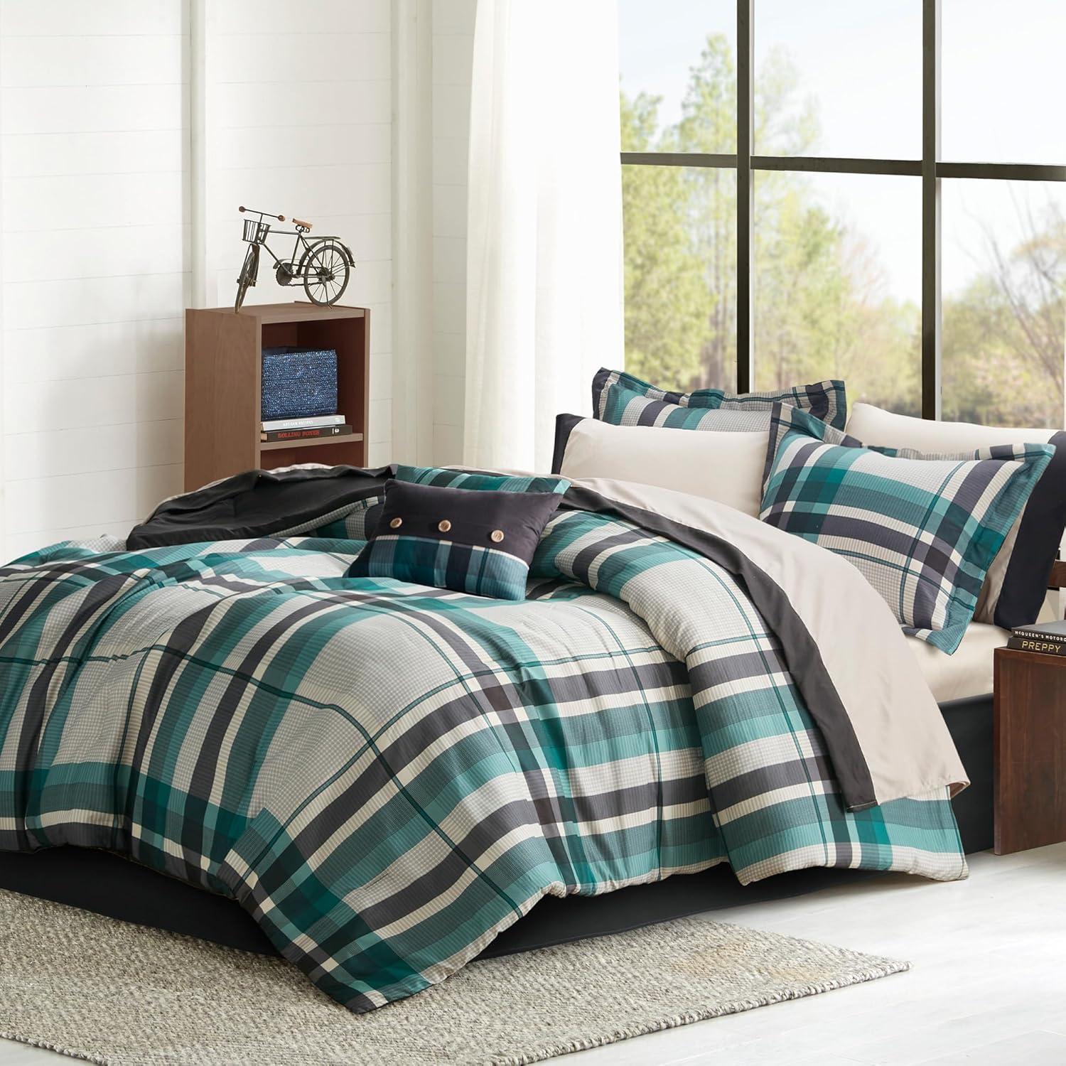 Twin Black and Teal Plaid Microfiber Bed in a Bag Set