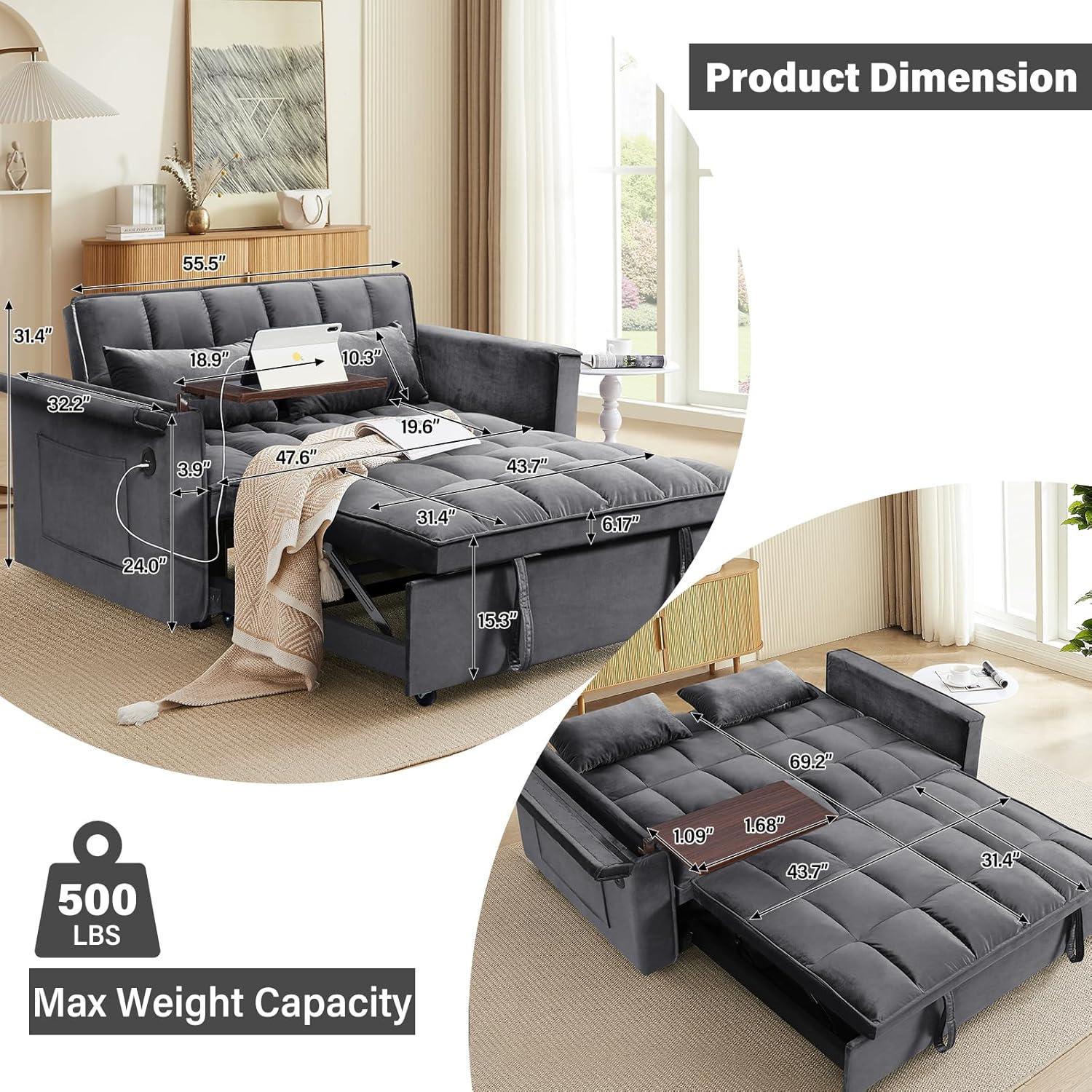 Convertible Sofa Bed,3-in-1 Velvet Sleeper Couch Pull-Out Bed,55'' Loveseat Sleeper Sofa Bed with Adjustable Backrest with Pillows and Storage Bag & USB Port and Hidden Side Computer Table,Dark Gray