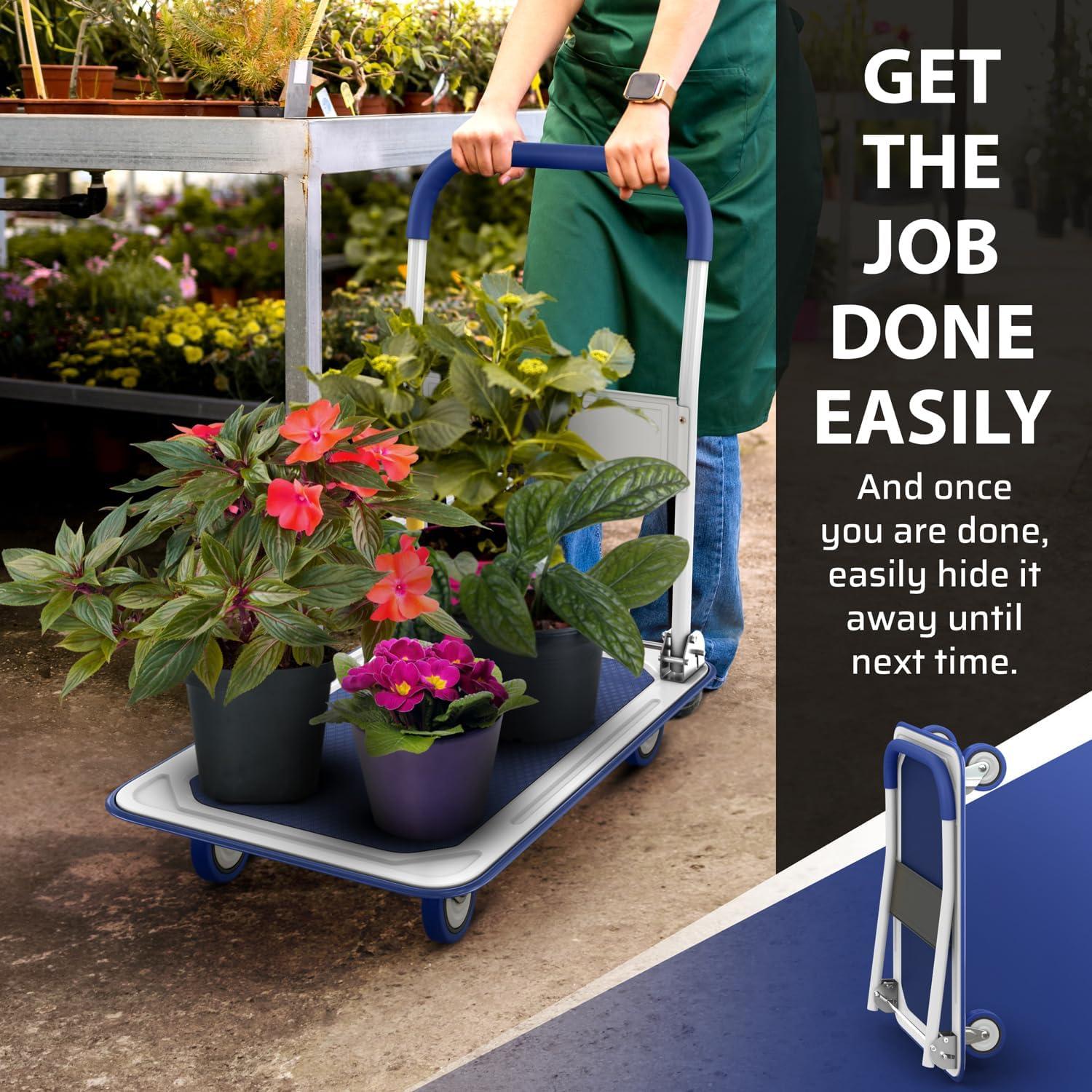 QuellQuest Upgraded Foldable Push Cart  | 330 lbs. Capacity Moving Platform Hand Truck | Heavy Duty Space Saving Collapsible | Swivel Push Handle Flat Bed Wagon(Blue)