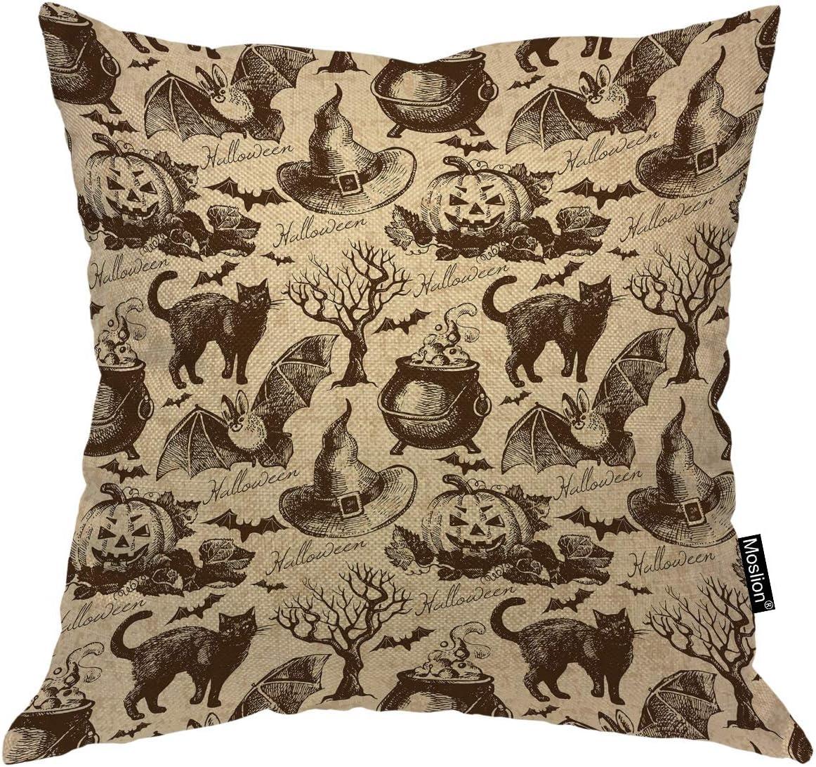 Moslion Halloween Pattern Throw Pillow Covers Retro Vintage Style Animal Cat Pumpkin Owl Bat Witch Hat Tree Pillow Case for Home Decor Halloween Thanksgiving Cushion Cover Cotton Linen 18x18 inch