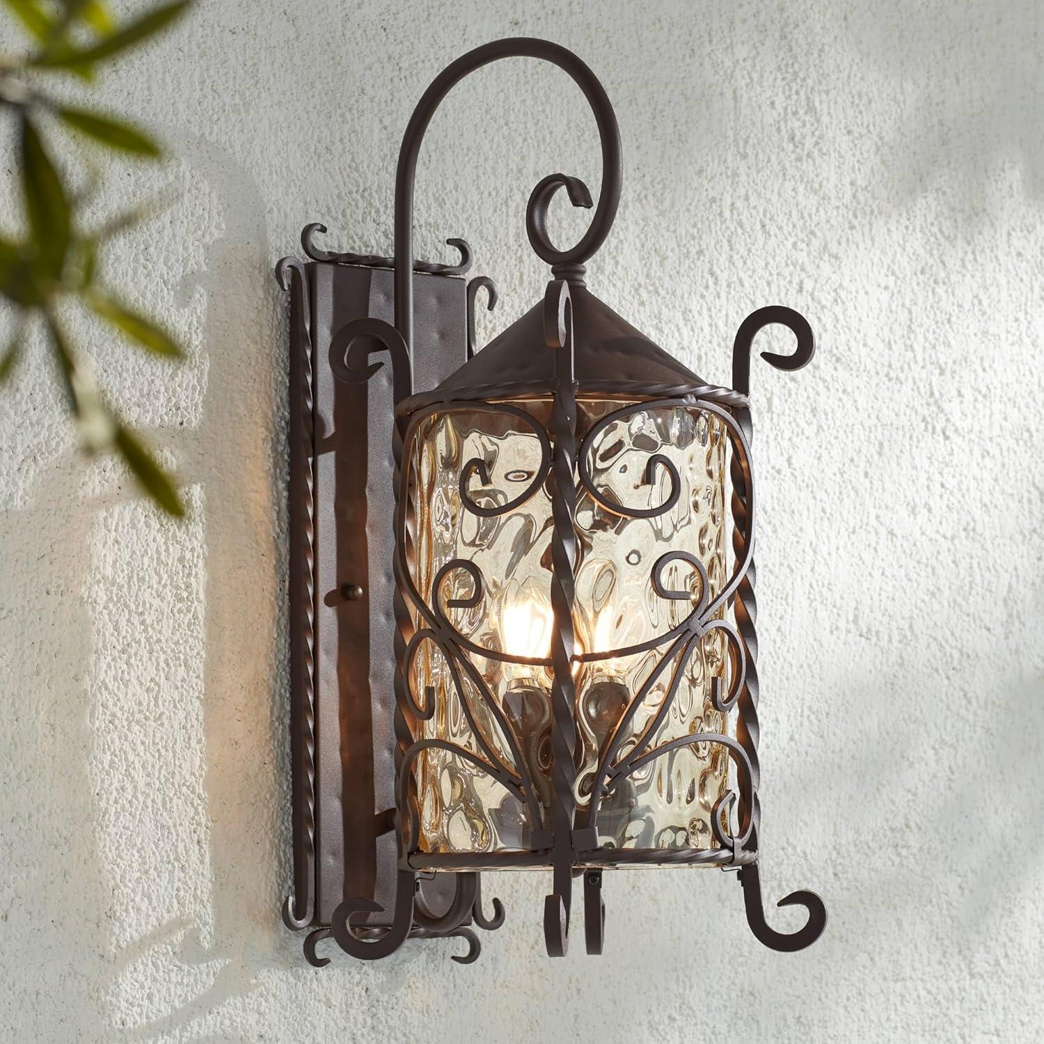 John Timberland Casa Seville Vintage Rustic Outdoor Wall Light Fixture Dark Walnut Scroll 23 3/4" Champagne Hammered Glass for Post Exterior Barn Deck