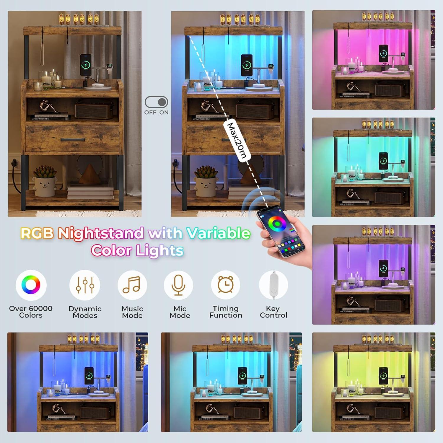 Brown LED Night Stand with Charging Station, Modern Bedside Table for Bedroom