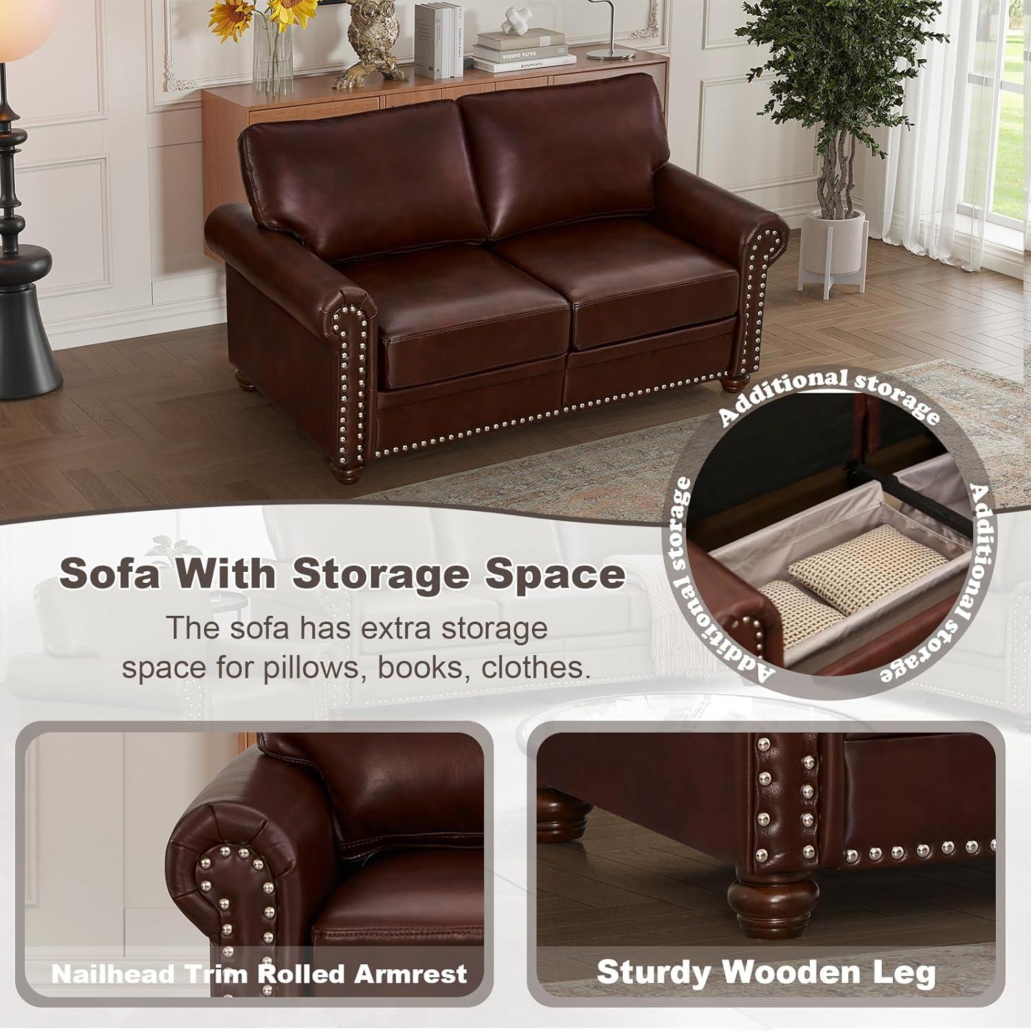 Burgundy Faux Leather 2-Piece Sofa Set with Storage and Rolled Arms