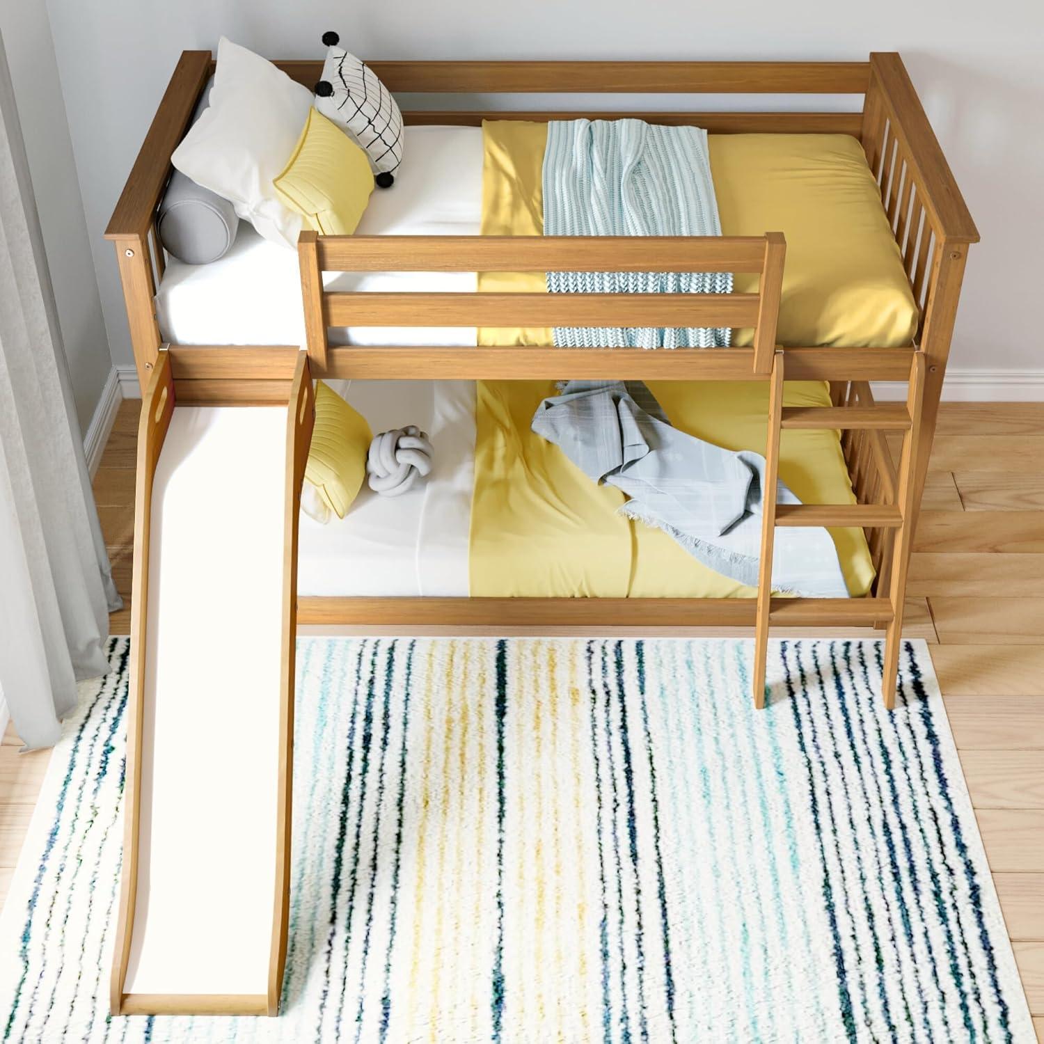 Max & Lily Twin Over Twin Low Bunk Bed with Slide, Solid Wood Kids Platform Bed with 14” Guardrails, Pecan
