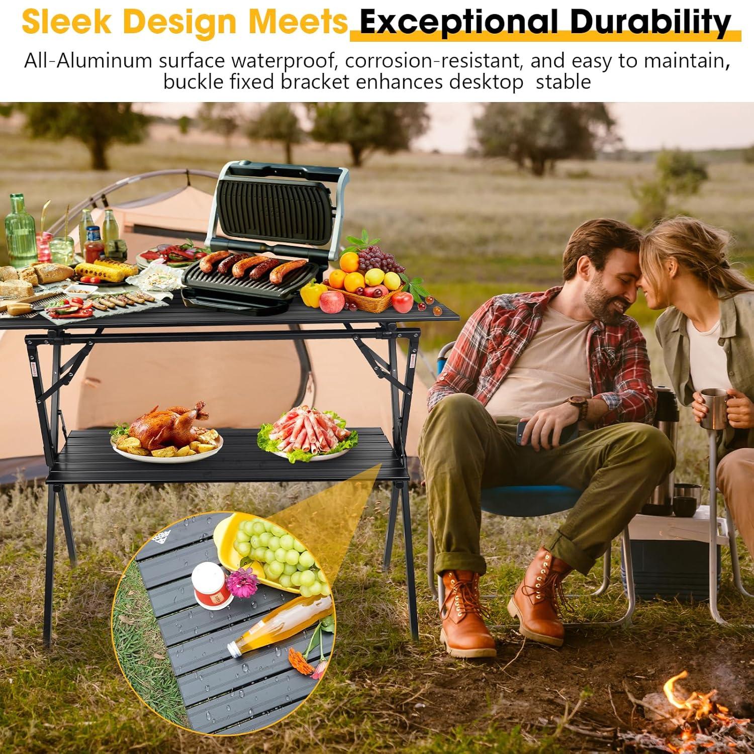 AREFFA Folding Camping Table, Portable Lightweight Foldable Large Camp Tables with Carry Bag, Double-layer Aluminum Outdoor Cooking Table