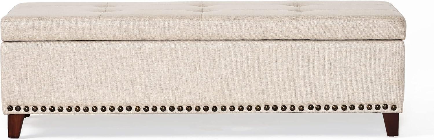 Beige Tufted Fabric Storage Ottoman with Nailhead Trim