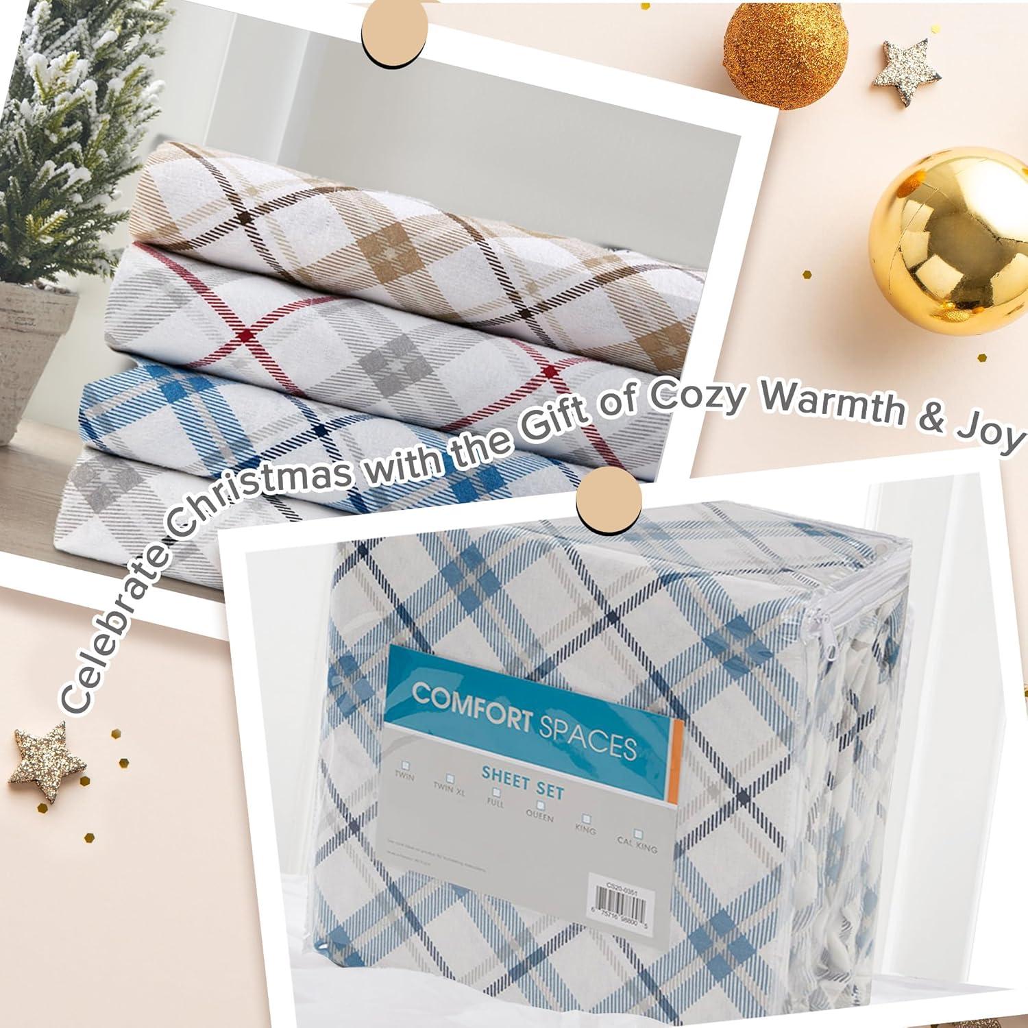 Comfort Spaces King Sheet Set, Flannel Bed Sheets King, 100% Cotton Bed Sheets Set with Deep Pocket, 4-Piece Plaid Blue