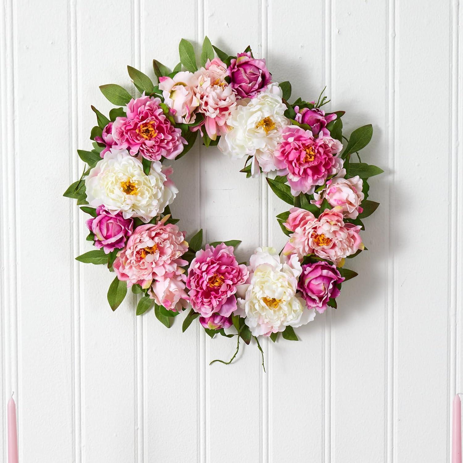 Nearly Natural 22-in Peony Wreath