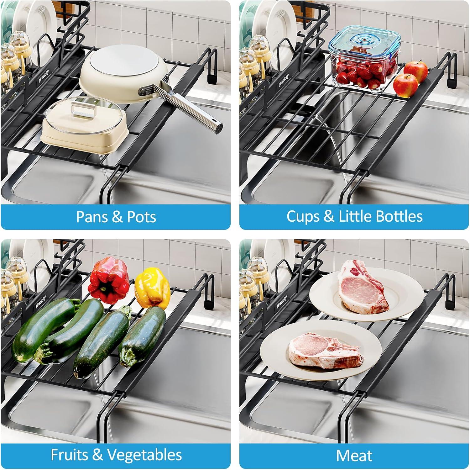 THE GLAMOUR BOUTIQUES Extendable Dish Drying Rack, 2 In 1 Multifunction Dish Rack For Kitchen Counter, Expandable Dish Drainer Over Sink, Large Dish Strainer With Drainboard & Cups Holder, Black