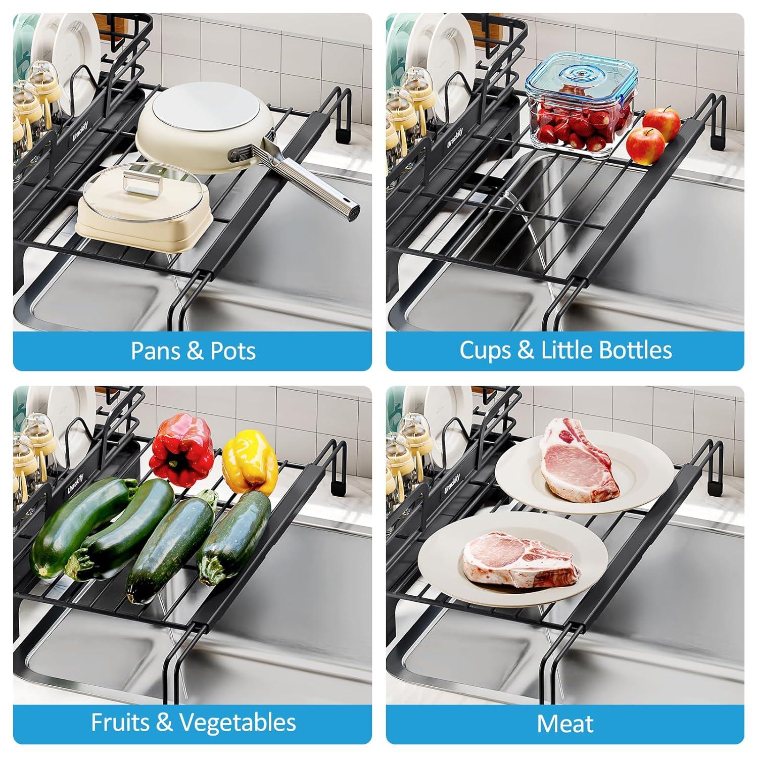 THE GLAMOUR BOUTIQUES Extendable Dish Drying Rack, 2 In 1 Multifunction Dish Rack For Kitchen Counter, Expandable Dish Drainer Over Sink, Large Dish Strainer With Drainboard & Cups Holder, Black