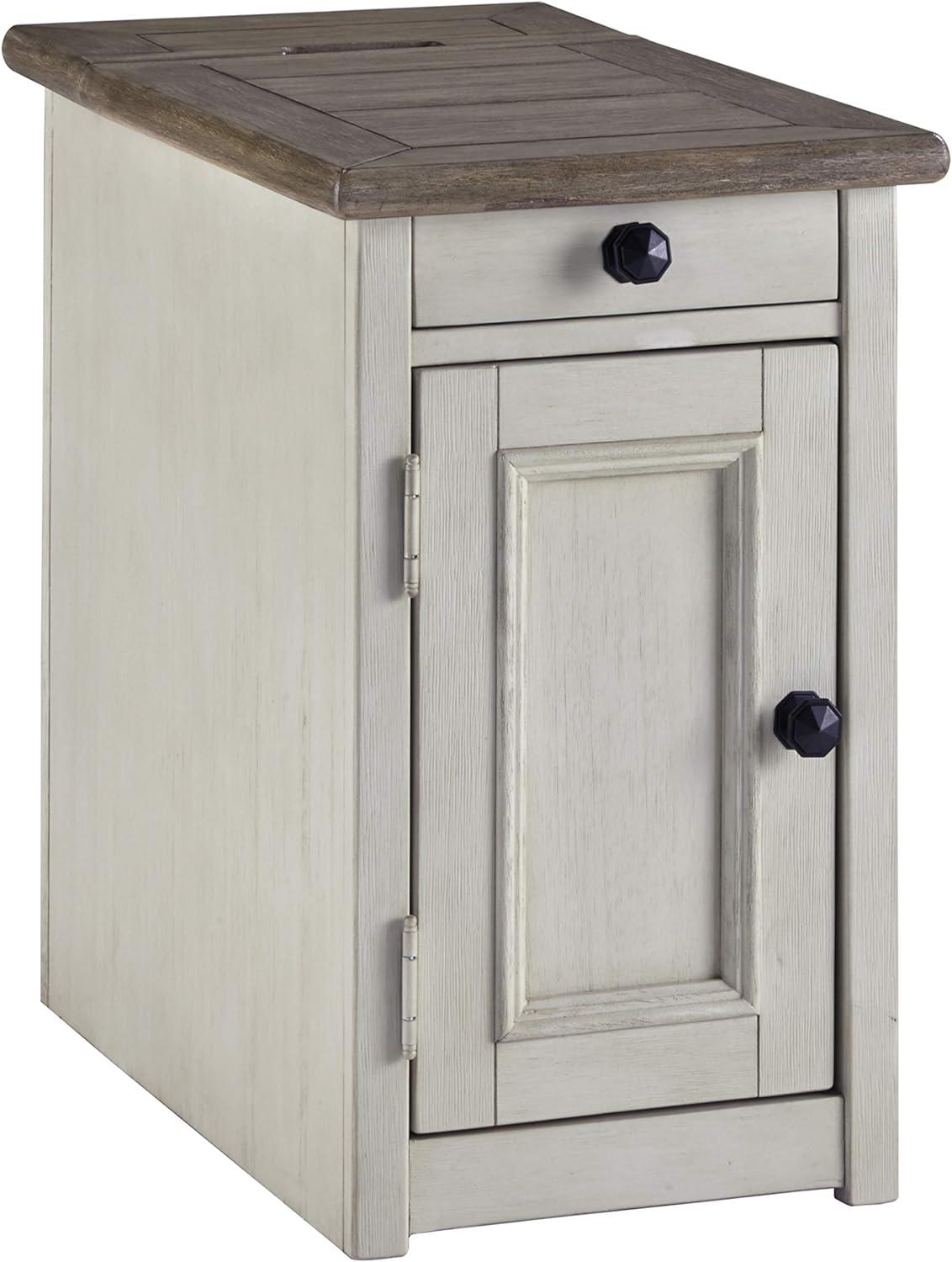 Signature Design by Ashley Bolanburg Chair Side End Table Brown/White: Vintage Style, USB Ports, Storage Cabinet